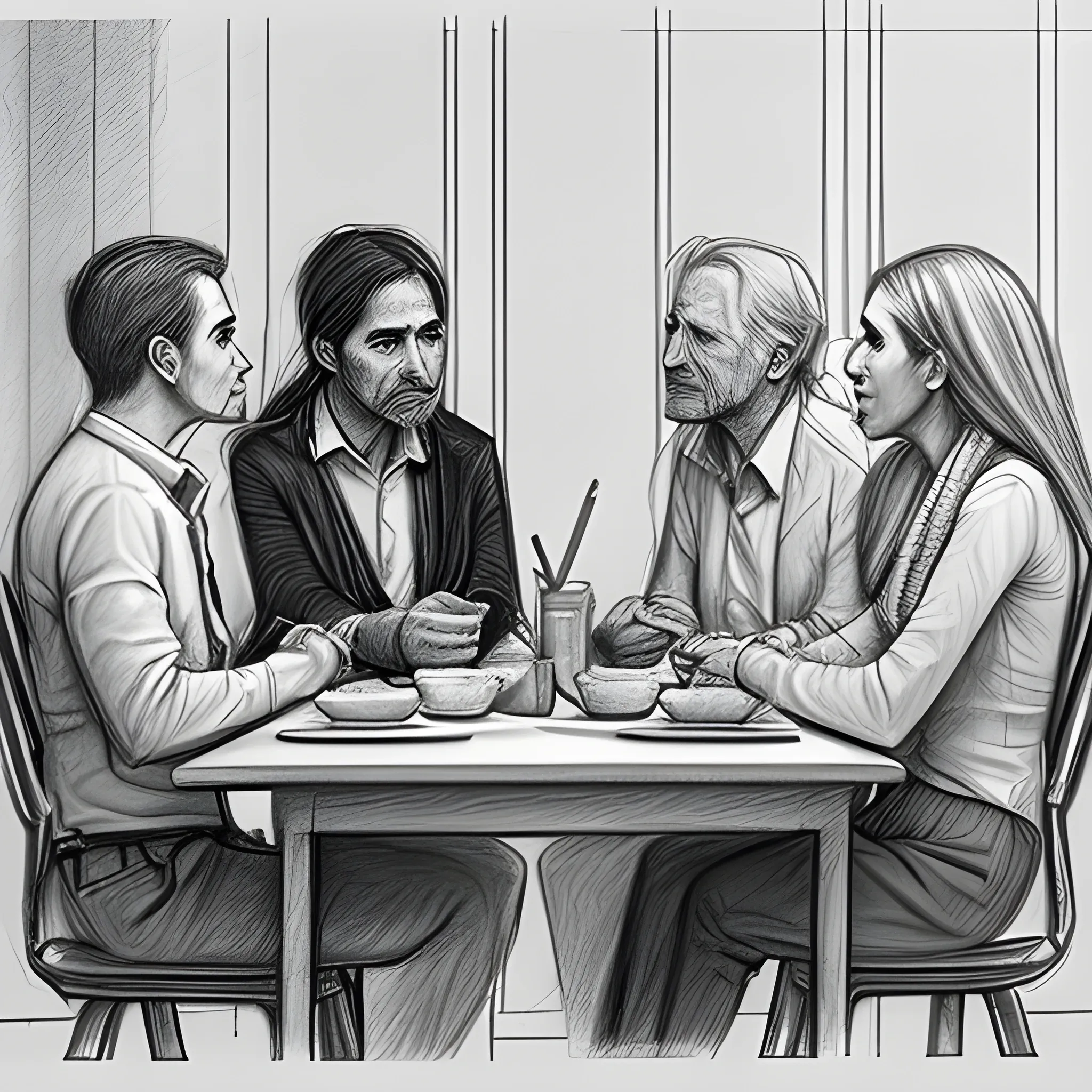 secret meeting, poor people are sitting at the table, one is speaking standing, Pencil Sketch