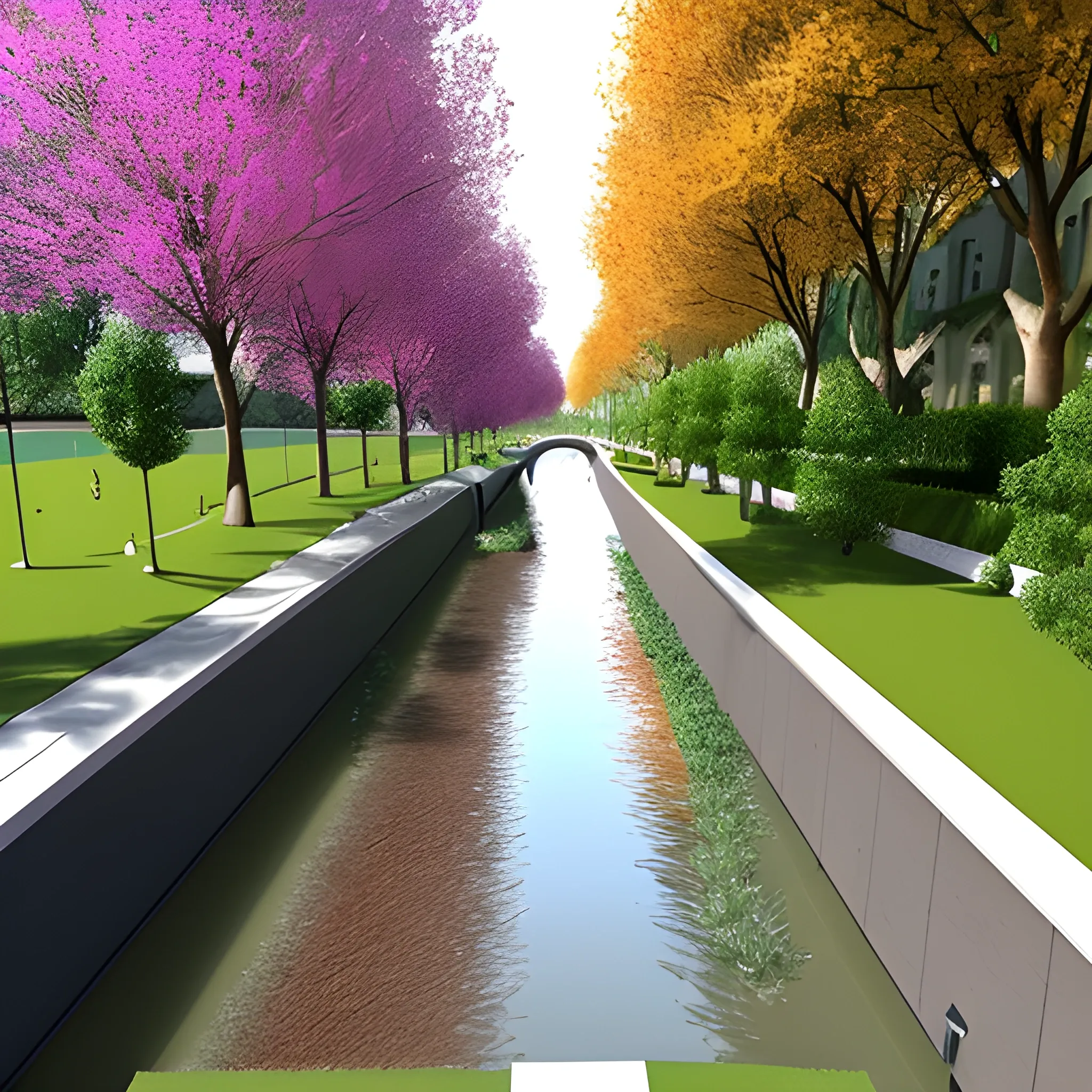 Generate images of the urban canal; the idea is a small canal on a grassy/lawn area designed on terraces with a bottom width of one and a half meters made of scattered stones to allow rainwater drainage. The canal is set in an urban context, and the idea is that when it does not rain, it can be enjoyed by citizens as a play and relaxation area in nature. Next to the canal, there is a tree-lined bike path. So, when it rains, the lowest level "paved with scattered stones" is occupied by water, but when it does not rain, both the canal and the two lateral terraces are used as a play area for children and as a natural zone.