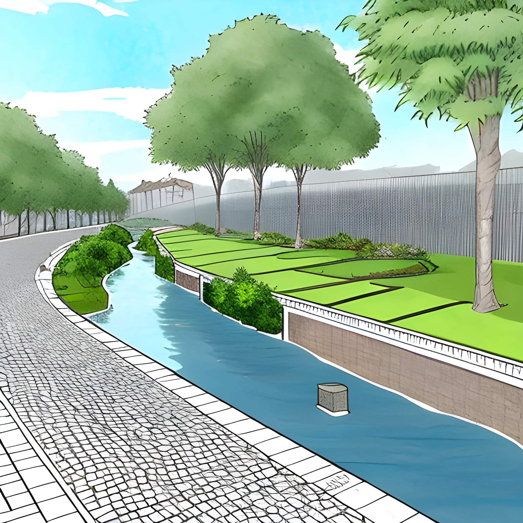 Generate images of the urban canal; the idea is a small canal on a grassy/lawn area designed on terraces with a bottom width of one and a half meters made of scattered stones to allow rainwater drainage. The canal is set in an urban context, and the idea is that when it does not rain, it can be enjoyed by citizens as a play and relaxation area in nature. Next to the canal, there is a tree-lined bike path. So, when it rains, the lowest level "paved with scattered stones" is occupied by water, but when it does not rain, both the canal and the two lateral terraces are used as a play area for children and as a natural zone., Pencil Sketch