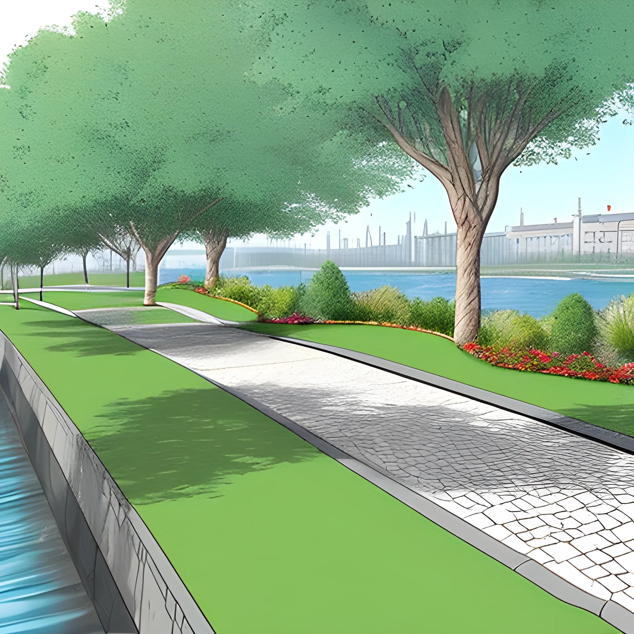 Generate images of the urban canal; the idea is a small canal on a grassy/lawn area designed on terraces with a bottom width of one and a half meters made of scattered stones to allow rainwater drainage. The canal is set in an urban context, and the idea is that when it does not rain, it can be enjoyed by citizens as a play and relaxation area in nature. Next to the canal, there is a tree-lined bike path. So, when it rains, the lowest level "paved with scattered stones" is occupied by water, but when it does not rain, both the canal and the two lateral terraces are used as a play area for children and as a natural zone., Pencil Sketch