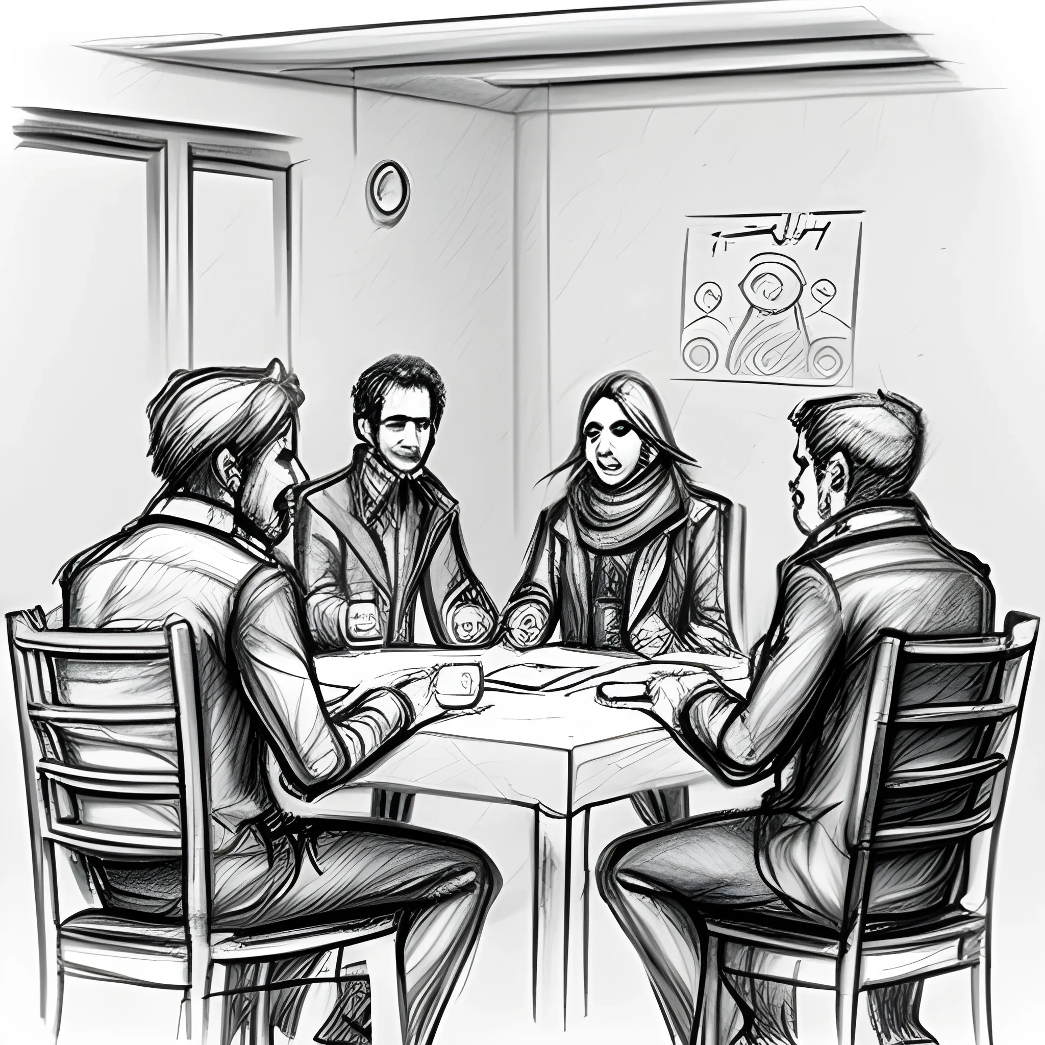 secret underground meeting about revolution, people sitting at the table, Pencil Sketch