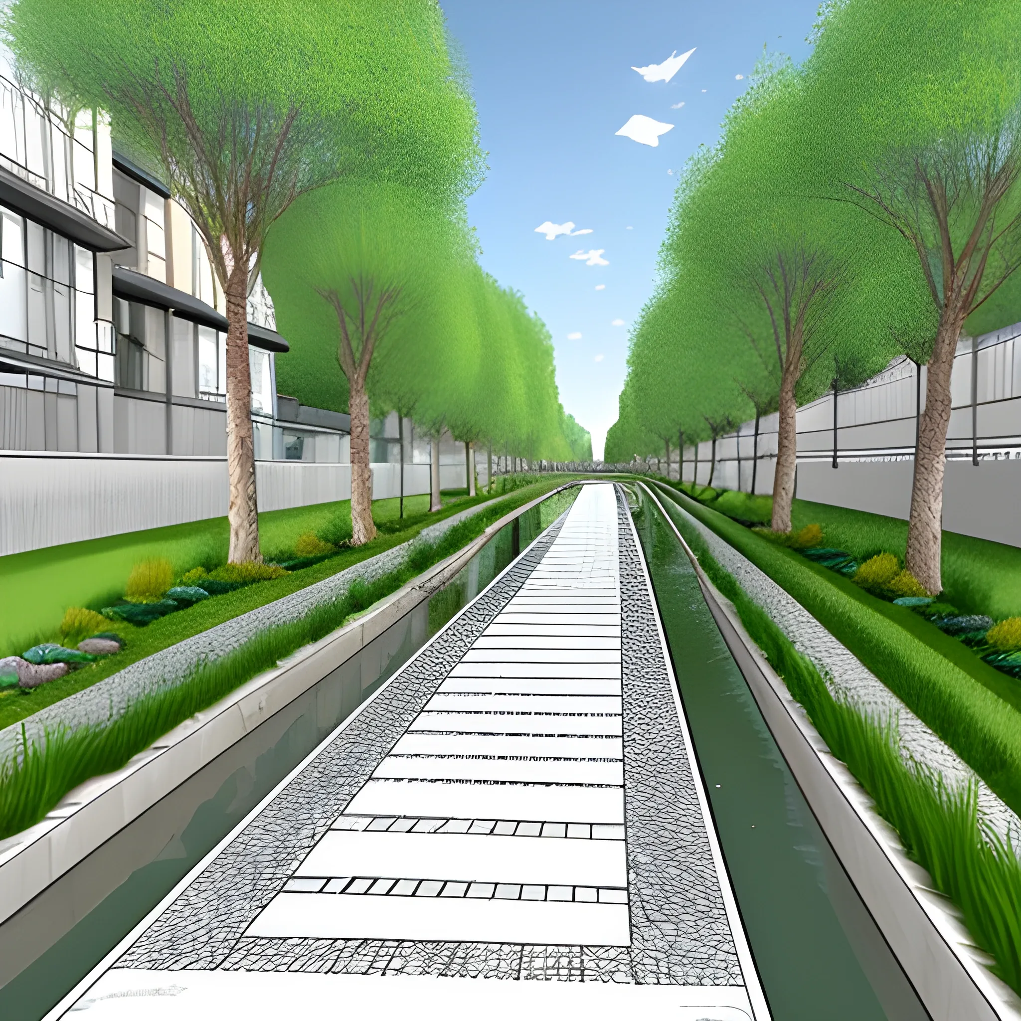 Generate images of the urban canal; the idea is a small canal on a grassy/lawn area designed on terraces with a bottom width of one and a half meters made of scattered stones to allow rainwater drainage. The canal is set in an urban context, and the idea is that when it does not rain, it can be enjoyed by citizens as a play and relaxation area in nature. Next to the canal, there is a tree-lined bike path. So, when it rains, the lowest level "paved with scattered stones" is occupied by water, but when it does not rain, both the canal and the two lateral terraces are used as a play area for children and as a natural zone., Pencil Sketch, 3D