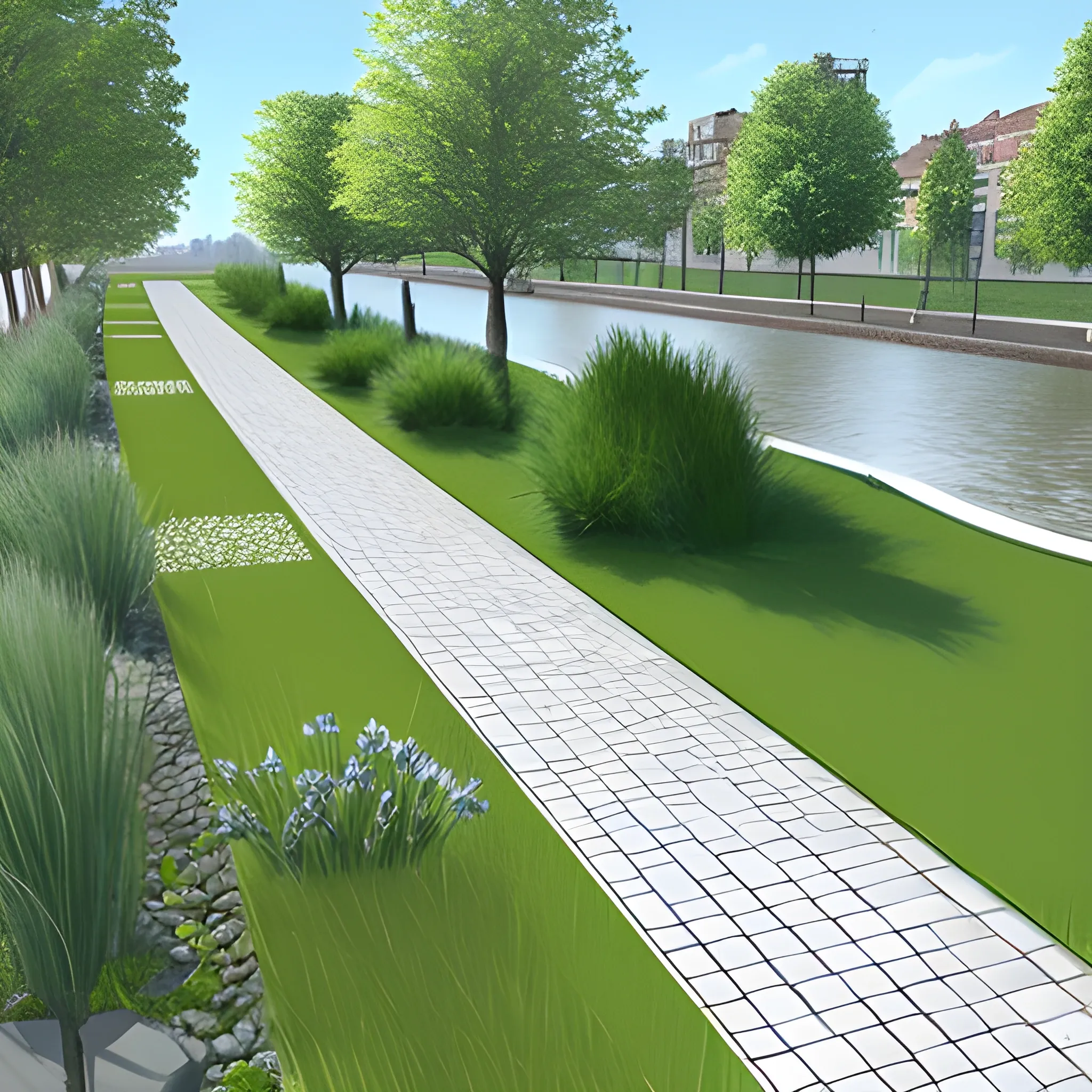 Generate images of the urban canal; the idea is a small canal on a grassy/lawn area designed on terraces with a bottom width of one and a half meters made of scattered stones to allow rainwater drainage. The canal is set in an urban context, and the idea is that when it does not rain, it can be enjoyed by citizens as a play and relaxation area in nature. Next to the canal, there is a tree-lined bike path. So, when it rains, the lowest level "paved with scattered stones" is occupied by water, but when it does not rain, both the canal and the two lateral terraces are used as a play area for children and as a natural zone., Pencil Sketch, 3D