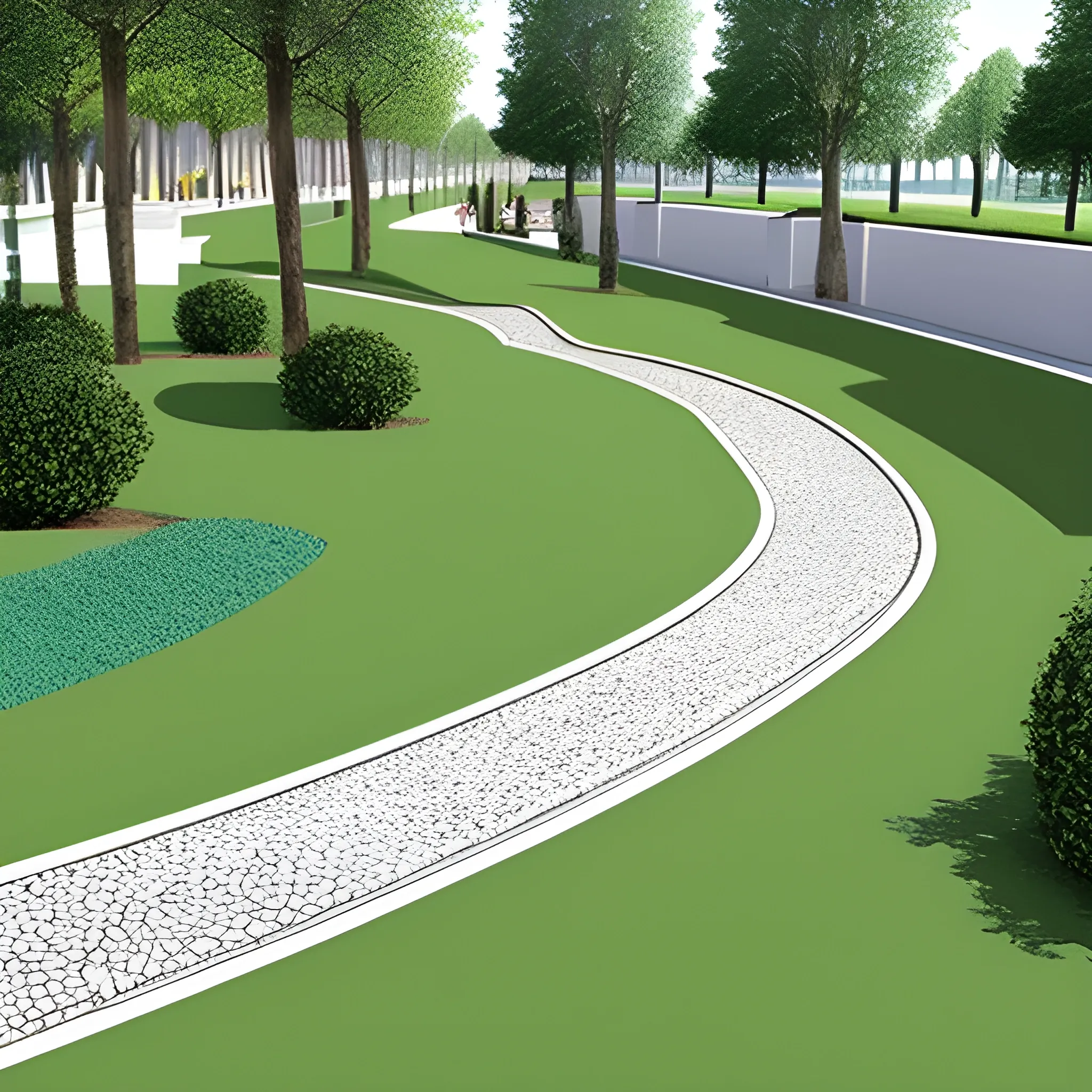 Generate images of the urban canal; the idea is a small canal on a grassy/lawn area designed on terraces with a bottom width of one and a half meters made of scattered stones to allow rainwater drainage. The canal is set in an urban context, and the idea is that when it does not rain, it can be enjoyed by citizens as a play and relaxation area in nature. Next to the canal, there is a tree-lined bike path. So, when it rains, the lowest level "paved with scattered stones" is occupied by water, but when it does not rain, both the canal and the two lateral terraces are used as a play area for children and as a natural zone., Pencil Sketch, 3D