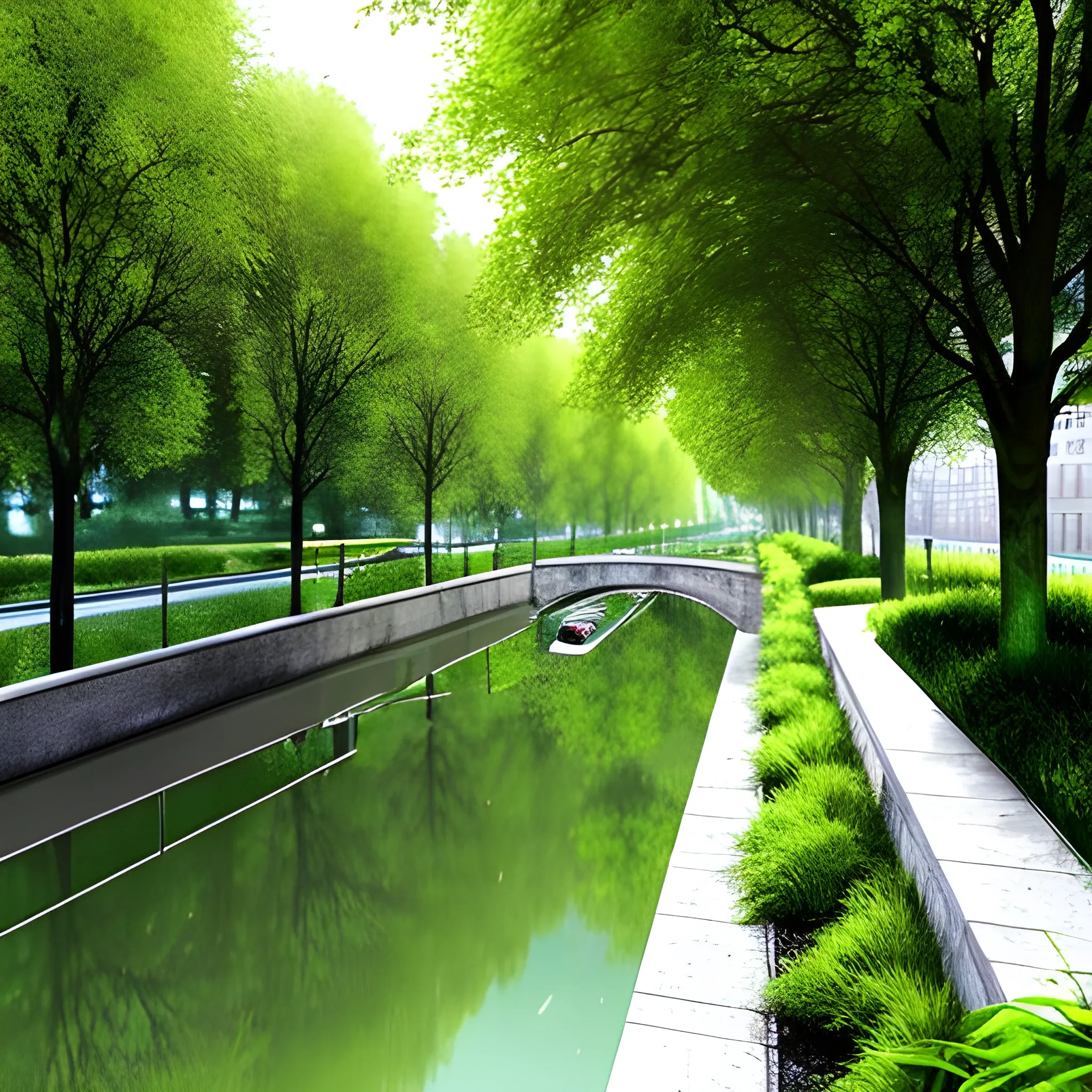 Imagine an evocative urban scenario where a narrow and picturesque canal runs through a green area, designed on gradual terraces. The bottom of the canal is paved with stones scattered to allow for the drainage of rainwater. Along the course of the canal, there are two lateral terraces, also covered with grass, which serve as recreational and relaxation spaces for citizens when it's not raining.

Picture the canal as a green oasis in the heart of the city, with trees lining a bike path beside it. When it rains, the lower level of the canal fills with water, creating a natural refuge for urban wildlife and adding an element of beauty and movement to the urban landscape. But when the sun shines, the canal becomes a playground for children and a haven of tranquility for adults, with green spaces to enjoy and a tree-lined pedestrian and cycling path inviting serene and relaxing strolls.

Imagine walking along the canal on a sunny day, observing the reflections of the water on the paved stones and breathing in the fresh, green-scented air. Children laugh and play on the lateral terraces, while cyclists pass along the tree-lined path, immersed in the beauty of nature within the city. This is the enchanting scenario of the urban canal, a place of connection between urban life and nature, where beauty and functionality harmoniously blend., 3D