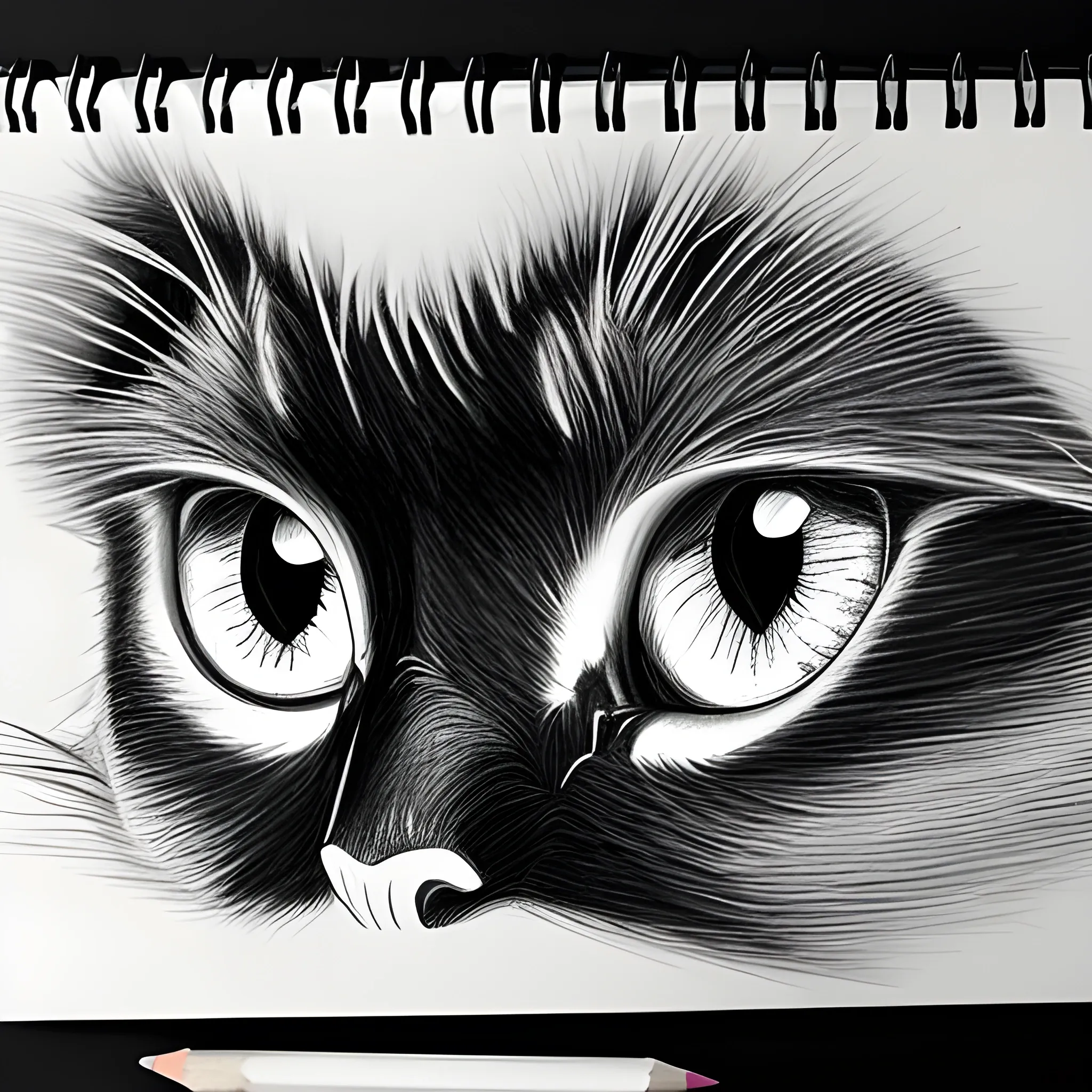 black cat's eyes with fire inside, Pencil Sketch