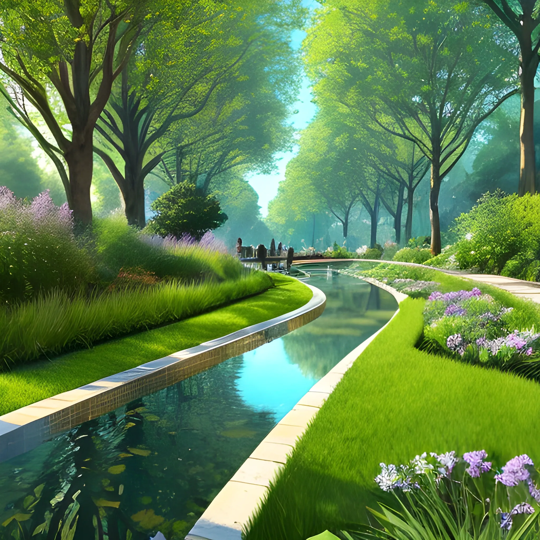 Imagine an enchanting urban scene where a gentle watercourse meanders through a grassy expanse, artfully designed to accommodate rainwater runoff. The watercourse is bordered by terraced grassy banks, with a bottom width of one and a half meters, paved with scattered stones to facilitate drainage when it rains. Adjacent to the watercourse, a tree-lined bike path winds its way through the urban landscape.

When rain falls, the water fills the bottom level of the watercourse, creating a serene, reflective surface amidst the greenery. Yet, on sunnier days, the watercourse transforms into a delightful recreational area for citizens to enjoy. Children frolic and play on the grassy terraces flanking the watercourse, while adults relax amid the natural surroundings.

Picture yourself strolling along the watercourse on a clear day, the sound of water trickling over the stones harmonizing with the rustle of leaves in the nearby trees. Cyclists pedal leisurely along the shaded bike path, immersed in the tranquility of the urban oasis. This is the captivating essence of the urban watercourse—a seamless blend of nature and urban design, offering both practical functionality and aesthetic charm., 3D