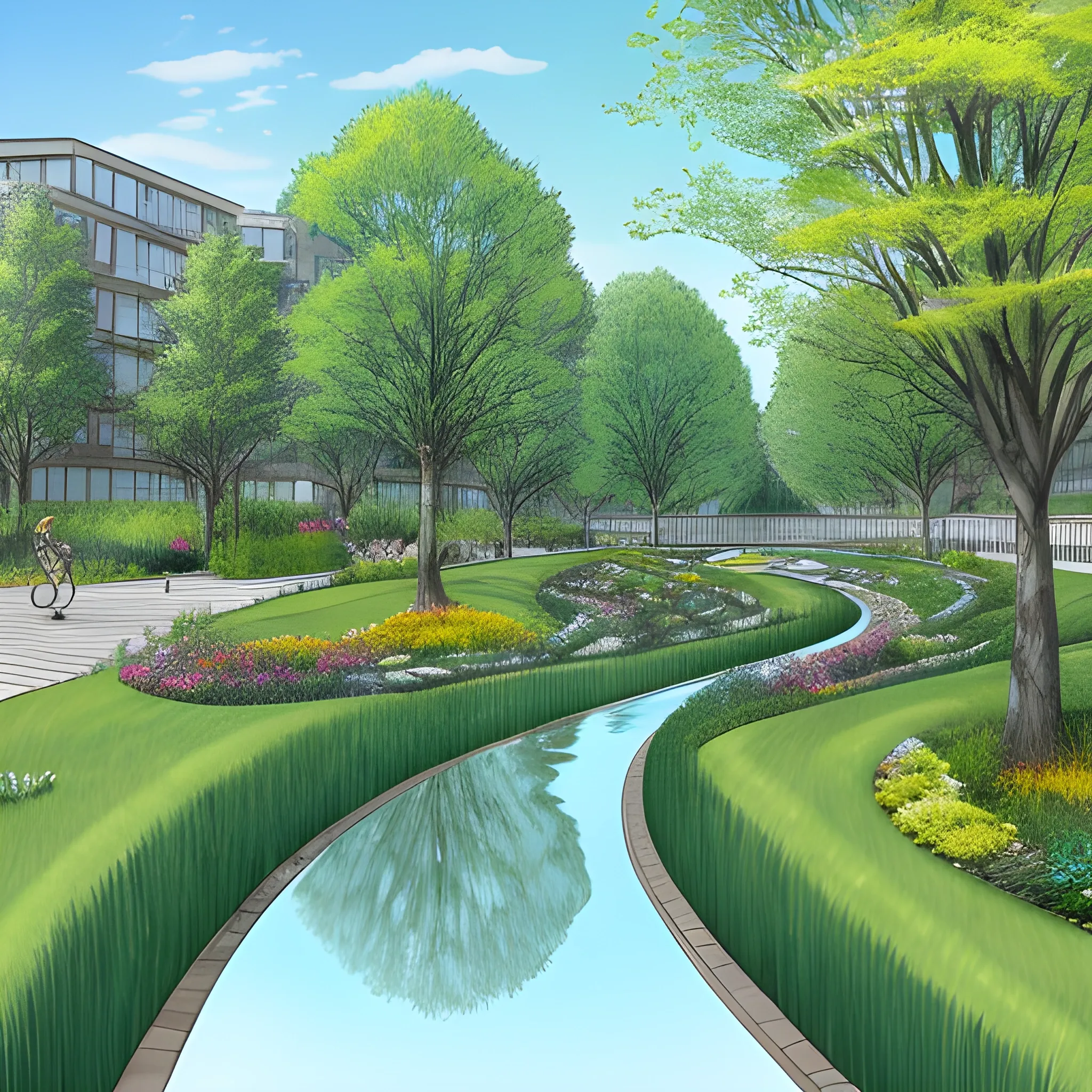 Imagine an enchanting urban scene where a gentle watercourse meanders through a grassy expanse, artfully designed to accommodate rainwater runoff. The watercourse is bordered by terraced grassy banks, with a bottom width of one and a half meters, paved with scattered stones to facilitate drainage when it rains. Adjacent to the watercourse, a tree-lined bike path winds its way through the urban landscape.

When rain falls, the water fills the bottom level of the watercourse, creating a serene, reflective surface amidst the greenery. Yet, on sunnier days, the watercourse transforms into a delightful recreational area for citizens to enjoy. Children frolic and play on the grassy terraces flanking the watercourse, while adults relax amid the natural surroundings.

Picture yourself strolling along the watercourse on a clear day, the sound of water trickling over the stones harmonizing with the rustle of leaves in the nearby trees. Cyclists pedal leisurely along the shaded bike path, immersed in the tranquility of the urban oasis. This is the captivating essence of the urban watercourse—a seamless blend of nature and urban design, offering both practical functionality and aesthetic charm., 3D, Pencil Sketch