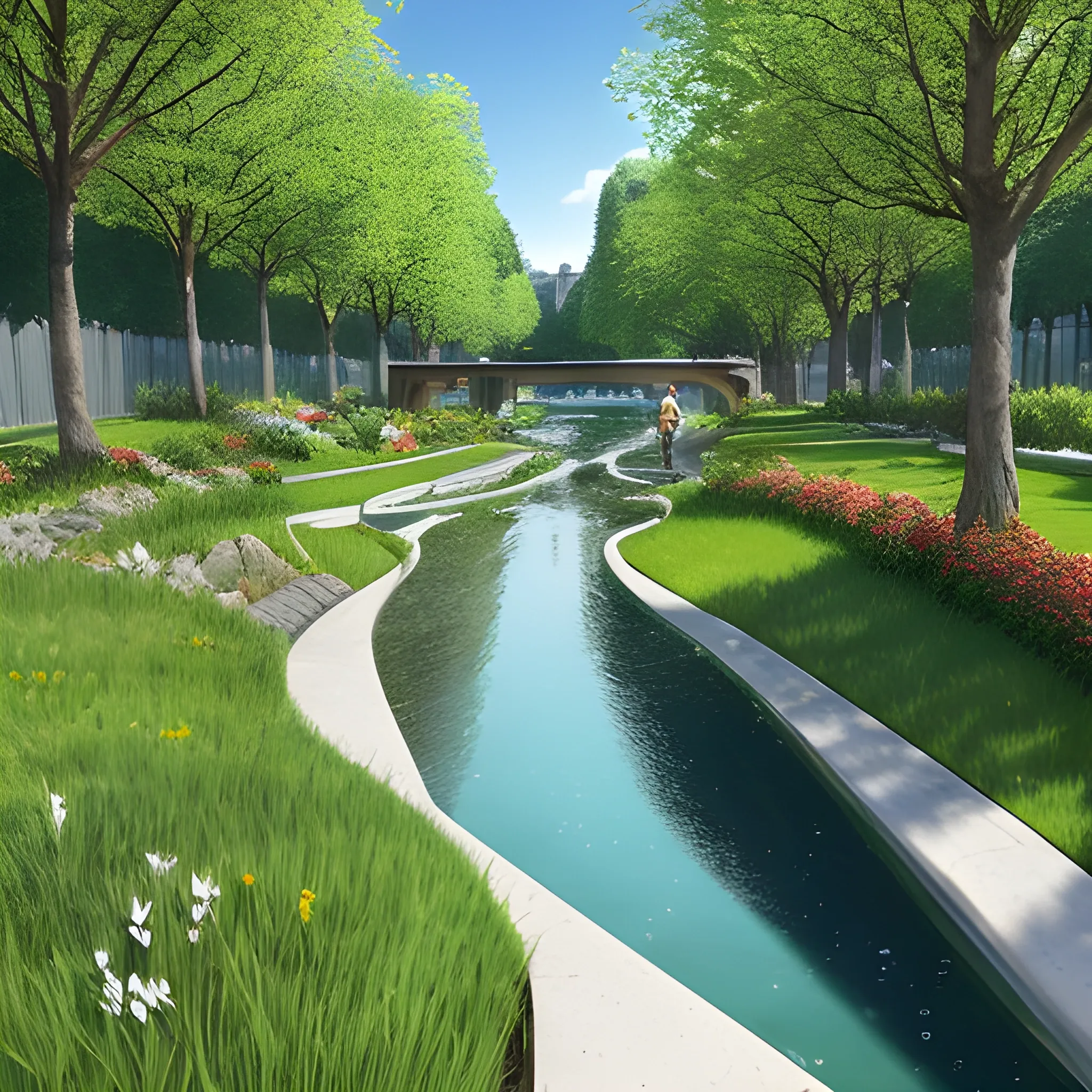 Imagine an enchanting urban scene where a gentle watercourse but without water meanders through a grassy expanse, artfully designed to accommodate rainwater runoff. The watercourse is bordered by terraced grassy banks, with a bottom width of one and a half meters, paved with scattered stones to facilitate drainage when it rains. Adjacent to the watercourse, a tree-lined bike path winds its way through the urban landscape.

When rain falls, the water fills the bottom level of the watercourse, creating a serene, reflective surface amidst the greenery. Yet, on sunnier days, the watercourse transforms into a delightful recreational area for citizens to enjoy. Children frolic and play on the grassy terraces flanking the watercourse, while adults relax amid the natural surroundings. with no water and people walking in the bed of the watercourse


Picture yourself strolling along the watercourse on a clear day, the sound of water trickling over the stones harmonizing with the rustle of leaves in the nearby trees. Cyclists pedal leisurely along the shaded bike path, immersed in the tranquility of the urban oasis. This is the captivating essence of the urban watercourse—a seamless blend of nature and urban design, offering both practical functionality and aesthetic charm., 3D, Pencil Sketch