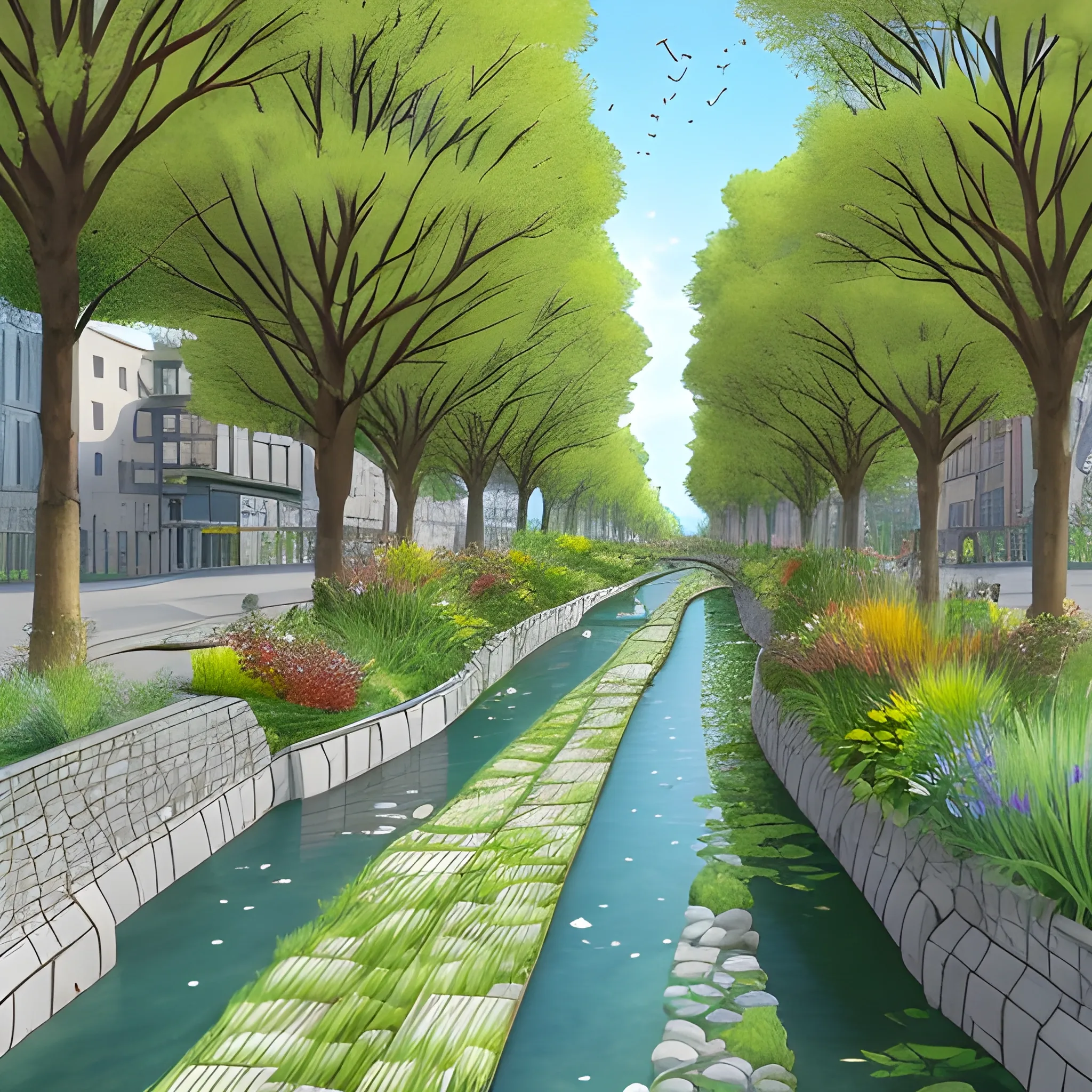 
Imagine an enchanting urban scene where a gentle watercourse meanders through a grassy expanse, artfully designed as a pedestrian thoroughfare for rainwater drainage. The watercourse bed, devoid of water, serves as a paved walkway, bordered by terraced grassy banks. The path, with a bottom width of one and a half meters, is paved with scattered stones to facilitate drainage when it rains. Adjacent to the watercourse, a tree-lined bike path winds its way through the urban landscape.

In dry weather, the watercourse bed becomes a serene grass and stone pedestrian walkway, inviting citizens to stroll and relax amidst the natural surroundings. Children play and explore along the grassy terraces flanking the watercourse, while adults enjoy leisurely walks or bike rides along the shaded path.

Picture yourself wandering along the watercourse on a sunny day, the sound of footsteps echoing against the stone pavement, while birds chirp in the nearby trees. Cyclists glide past on the tree-lined bike path, immersed in the tranquility of the urban oasis. This is the captivating essence of the urban watercourse—a harmonious blend of nature and functional design, offering both practicality and aesthetic appeal to city dwellers., 3D, Pencil Sketch