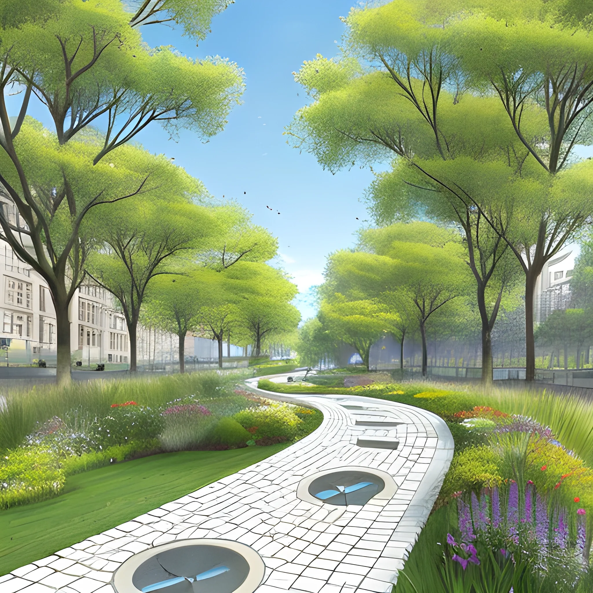 
Imagine an enchanting urban scene where a gentle watercourse meanders through a grassy expanse, artfully designed as a pedestrian thoroughfare for rainwater drainage. The watercourse bed, devoid of water, serves as a paved walkway, bordered by terraced grassy banks. The path, with a bottom width of one and a half meters, is paved with scattered stones to facilitate drainage when it rains. Adjacent to the watercourse, a tree-lined bike path winds its way through the urban landscape.

In dry weather, the watercourse bed becomes a serene grass and stone pedestrian walkway, inviting citizens to stroll and relax amidst the natural surroundings. Children play and explore along the grassy terraces flanking the watercourse, while adults enjoy leisurely walks or bike rides along the shaded path.

Picture yourself wandering along the watercourse on a sunny day, the sound of footsteps echoing against the stone pavement, while birds chirp in the nearby trees. Cyclists glide past on the tree-lined bike path, immersed in the tranquility of the urban oasis. This is the captivating essence of the urban watercourse—a harmonious blend of nature and functional design, offering both practicality and aesthetic appeal to city dwellers., 3D, Pencil Sketch