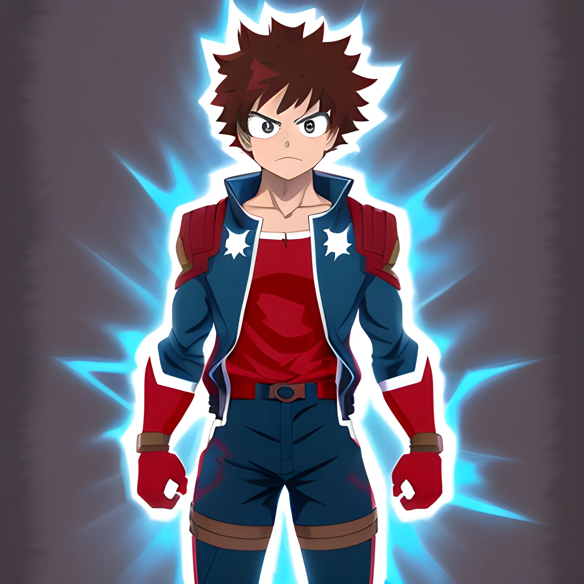 my hero academia male oc,full body, with dark brown hair ,red coat,and brown eyes,tan skin, and blue electricity around hands looking melancholic