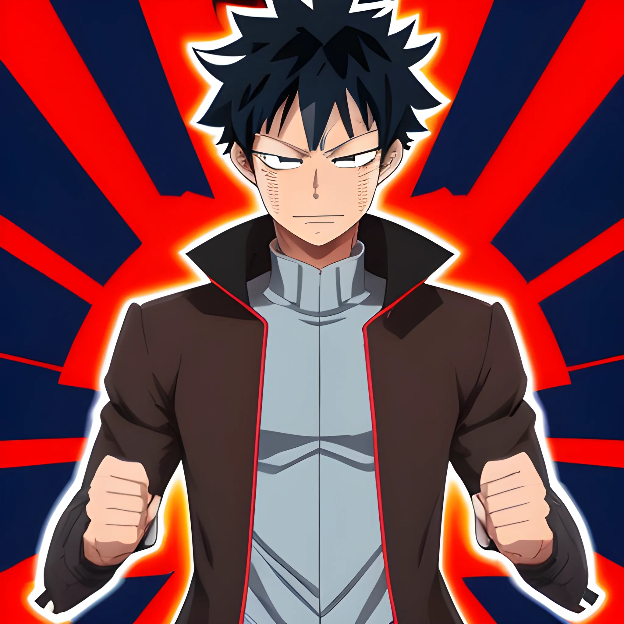 my hero academia male oc,full body, with black hair long coat ,red coat,and brown eyes,tan skin, and blue electricity around hands looking melancholic