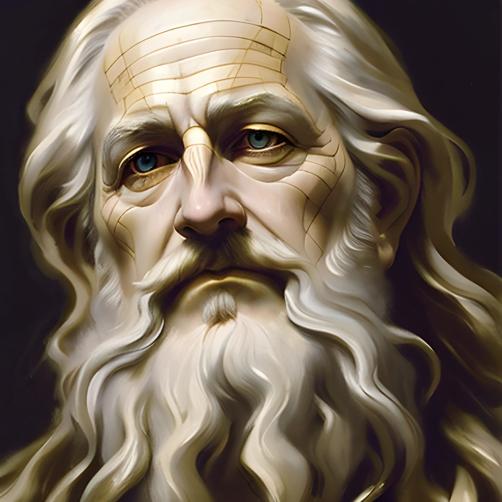 Realistic portrait of Chronos, the Greek god of time, by John Singer Sargent, oil painting style, intricate details on his aging face and flowing hair, realistic lighting and shadows.