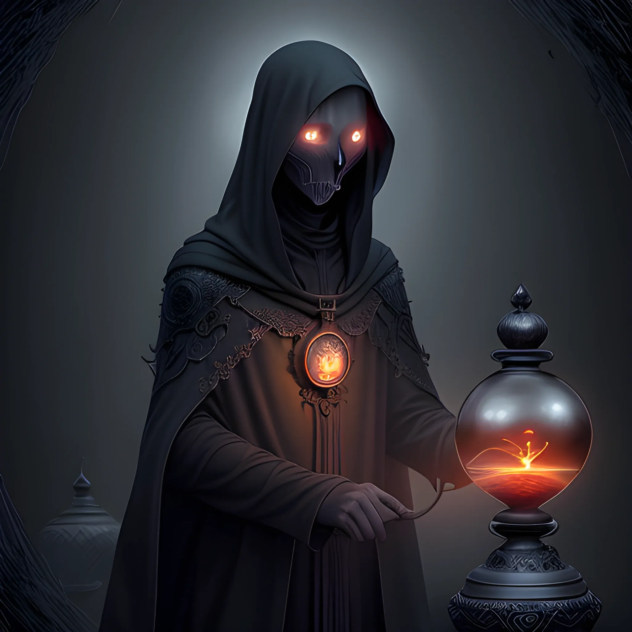 Dark and ominous digital painting of a cloaked figure with glowing eyes, holding an hourglass that controls time, intricate details, by Alex Konstad and Jie Ma, realistic style with fantasy elements, (dark colors), mysterious atmosphere