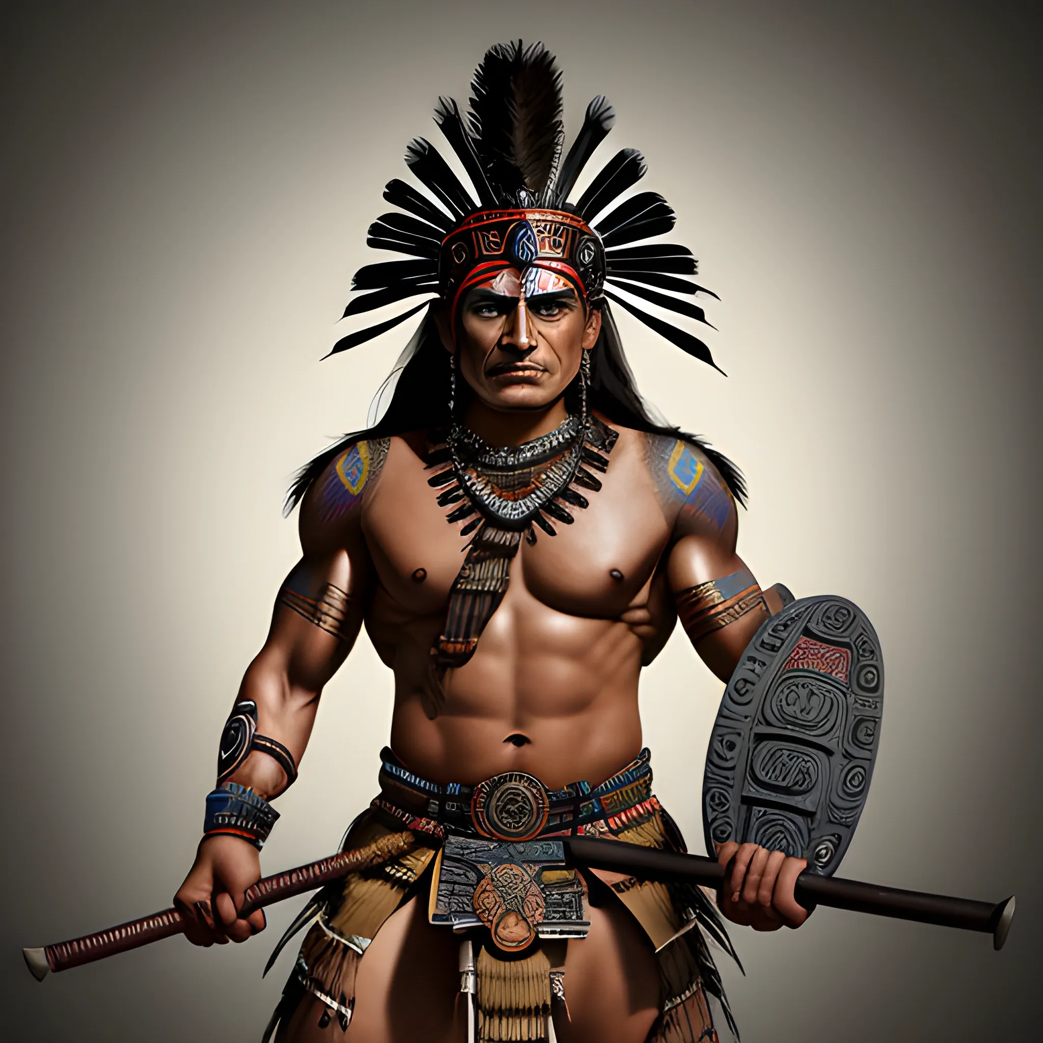 Create an image of a Aztec warrior exuding strength and ancient ...