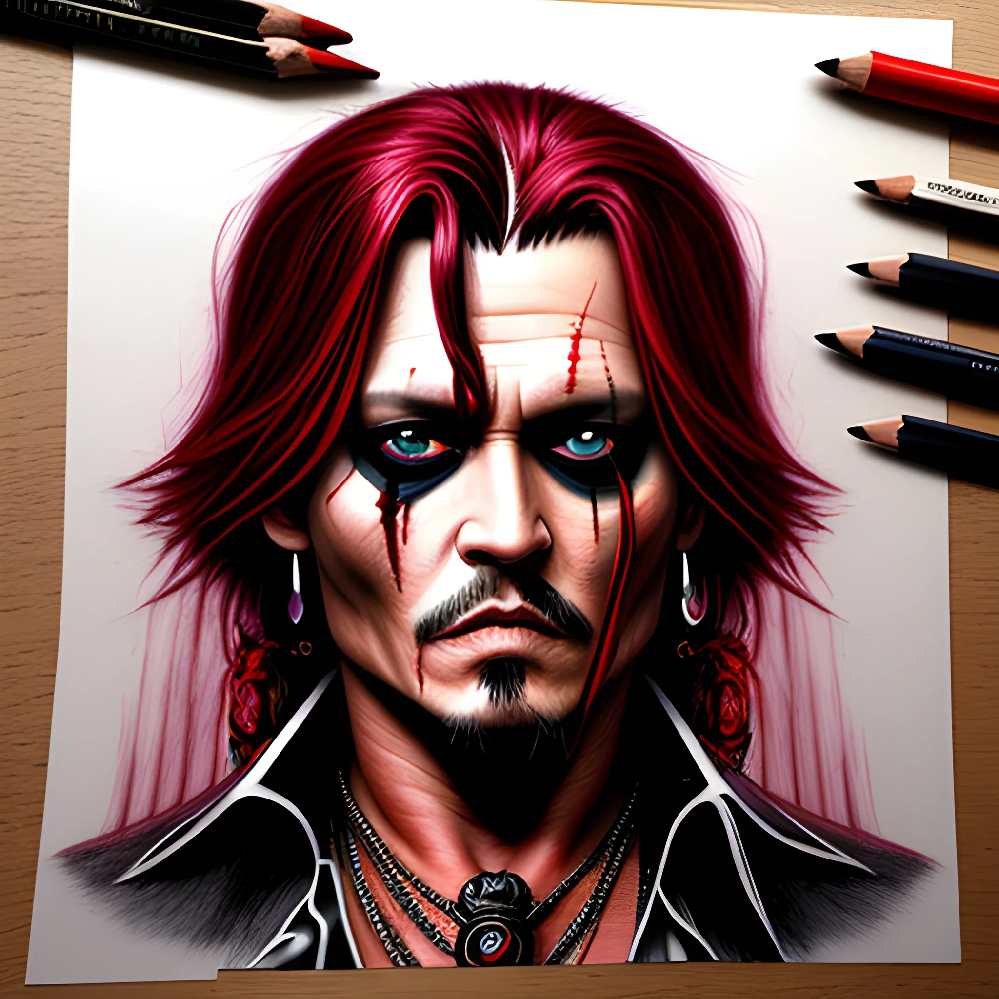 Johnny Depp STRONG VILLAIN COSTUME LONG HAIR, ESPADA CON SANGRE COLOR ROJO SANGRE
 Trippy, 3D, Pencil Sketch, 3D