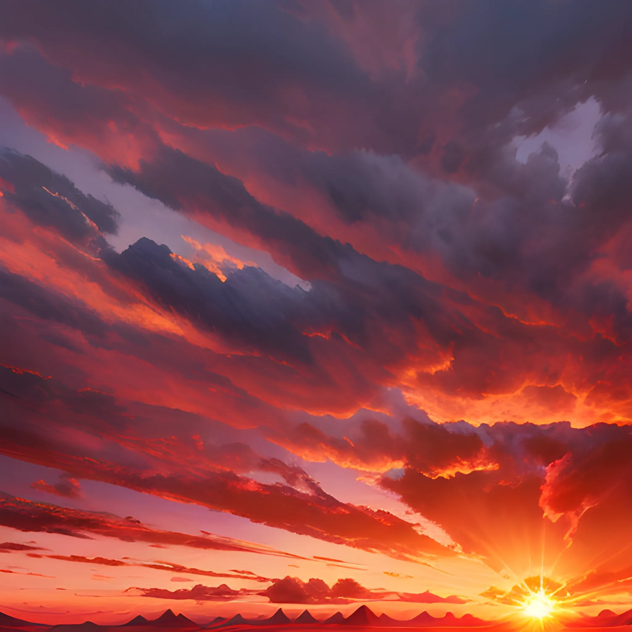 Sunrise sunny clouds red sky peaks, Oil PainHenry Cavill ting , 3D altura1.80 , 3D