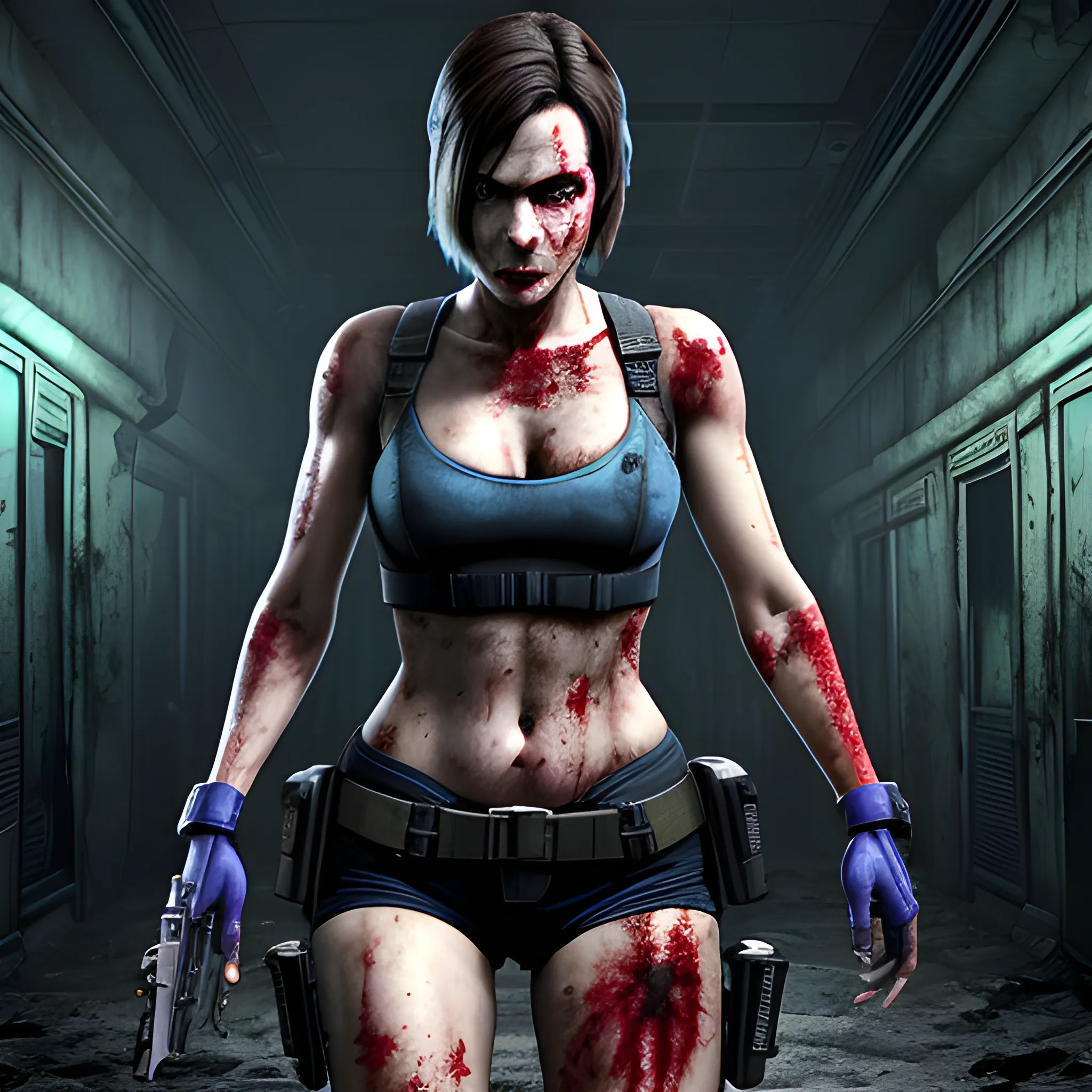 Jill Valentine, top de tubo azul, cara hermosa, botas hasta la rodilla, zombificado, falda, sosteniendo una pistola, apuntando a la cámara, peinado bob, mirada lasciva, piel real, piel pálida, fondo de la ciudad de mapaches, noche, resident evil, sexy, cuerpo completo, colores vibrantes, 4k, 8k, colores oled, fondo zombie, noche, brote de zombis, realismo,