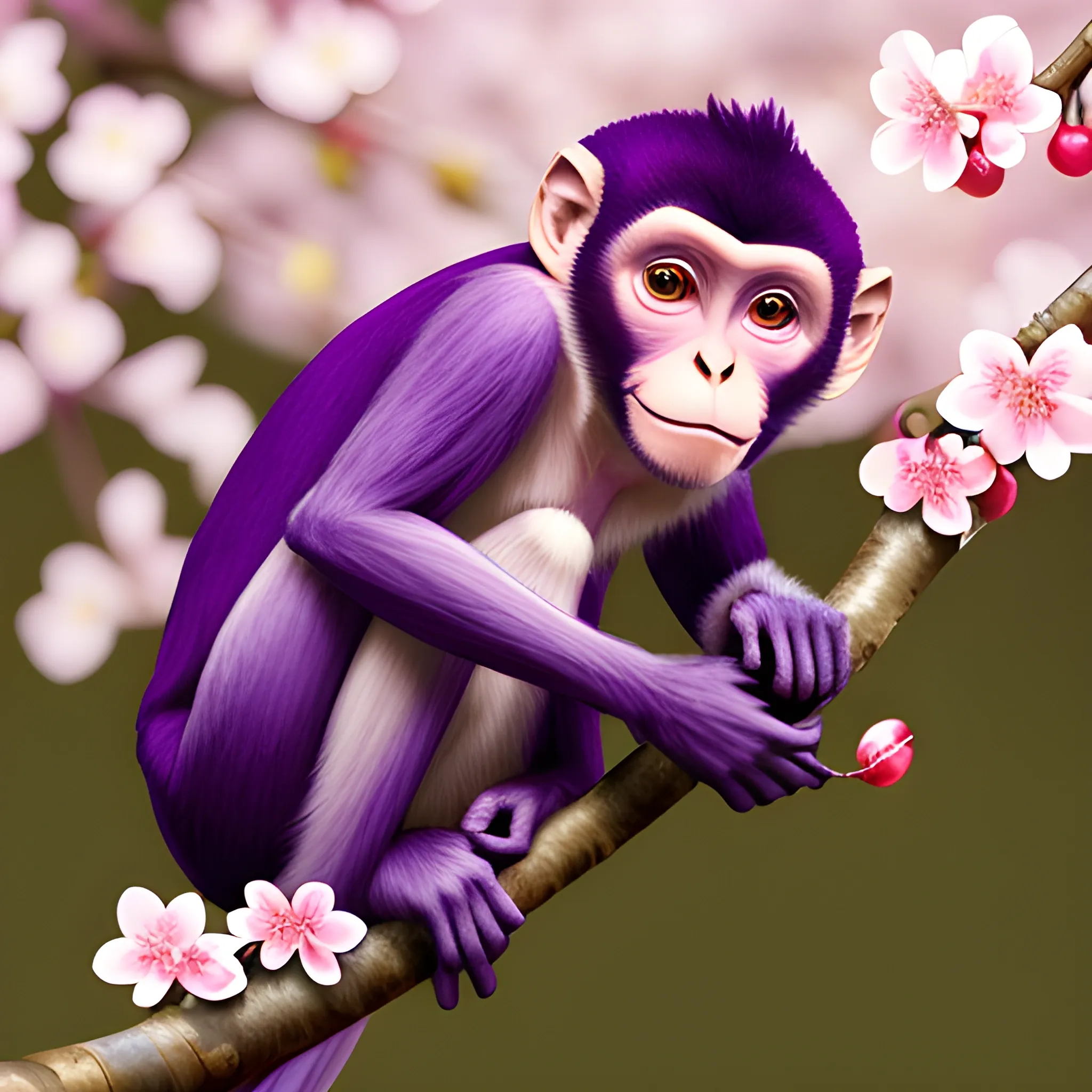 Purple monkey with cherry blossom branch on its arm