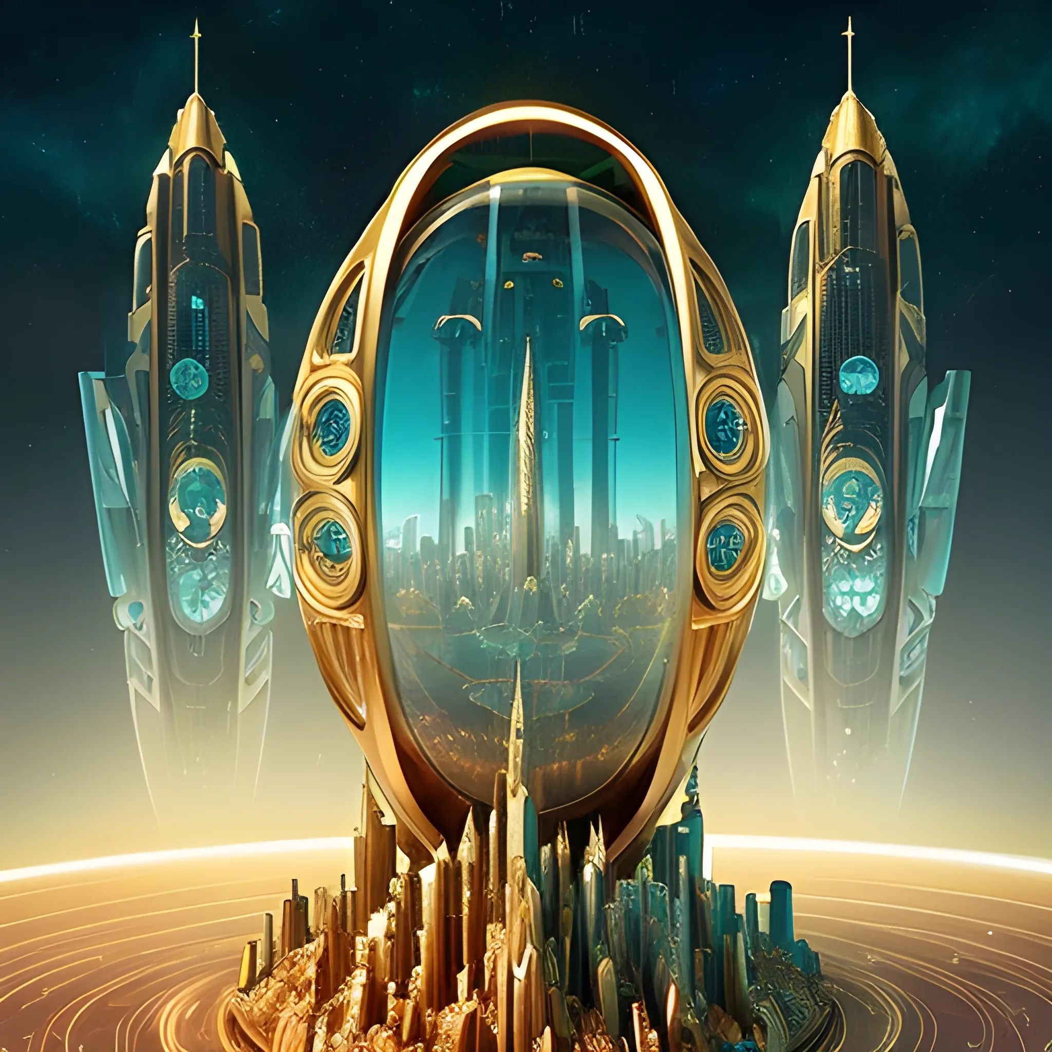 A surreal (((futuristic cityscape))) set in space, where the metropolis is surrounded by massive (((golden figure 8))) constructs evoking the shape of a planet. Its opulence extends to a (((translucent diamond shield))), protecting its denizens from the vast expanse beyond. The surface blends metallic blues & green matte, suggesting both earthly terrains and interstellar oceans. Tall skyscrapers dominate the scene, with a (central tower) standing out like a celestial fortress. In the style of M.C. Escher, Larry Niven, Stanley Kubrick, and Plamen Ovcharov, the composition is imbued with intricate symmetry