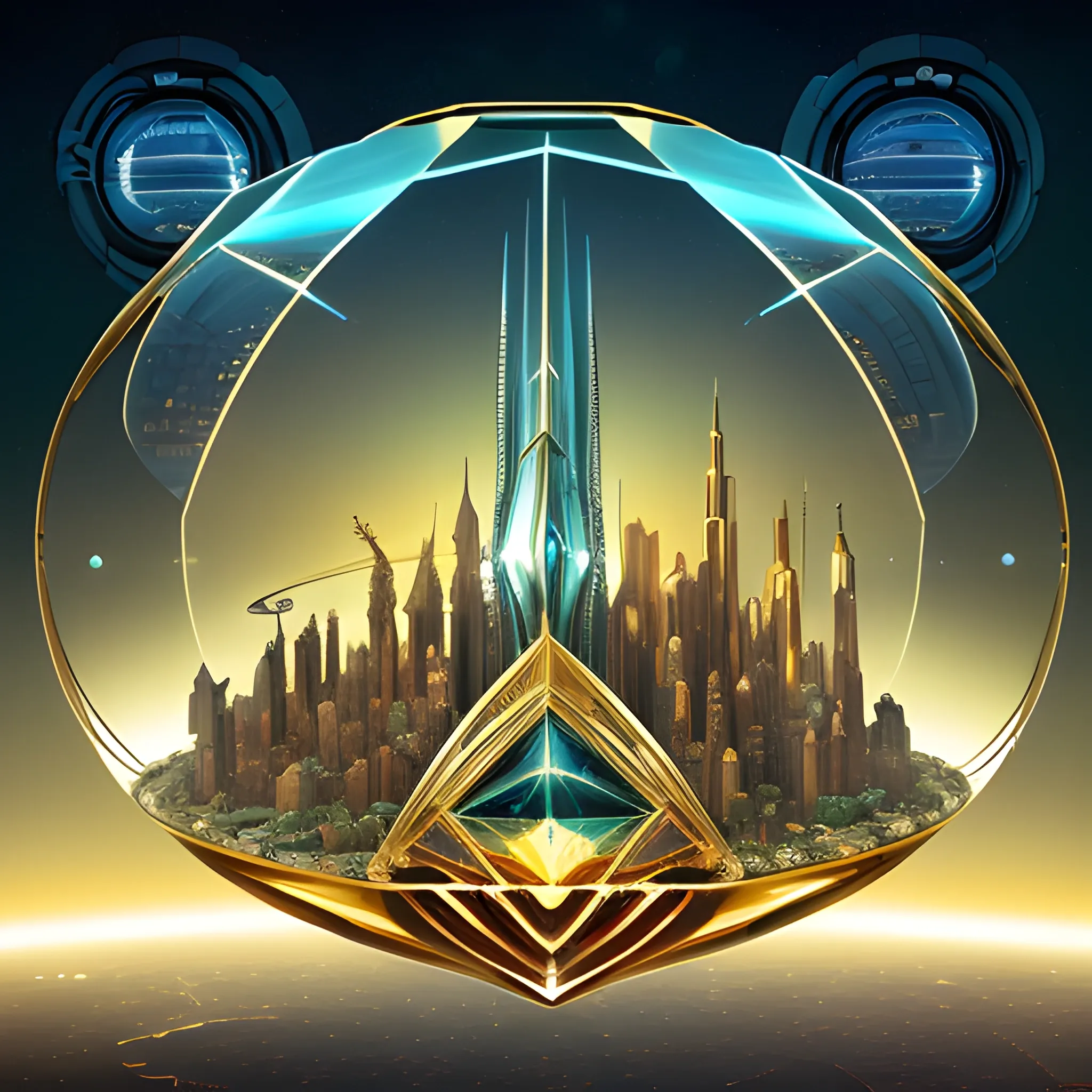 A surreal (((futuristic cityscape))) set in space, where the metropolis is surrounded by massive (((golden figure 8))) constructs evoking the shape of a planet. Its opulence extends to a (((translucent diamond shield))), protecting its denizens from the vast expanse beyond. The surface blends metallic blues & green matte, suggesting both earthly terrains and interstellar oceans. Tall skyscrapers dominate the scene, with a (central tower) standing out like a celestial fortress. In the style of M.C. Escher, Larry Niven, Stanley Kubrick, and Plamen Ovcharov, the composition is imbued with intricate symmetry, Trippy, 3D