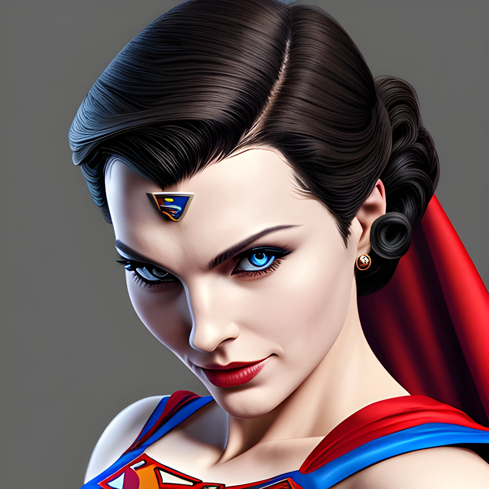 An elegant lady wearing a Superman costume, eye-catching detail, realistic ultra-detailed