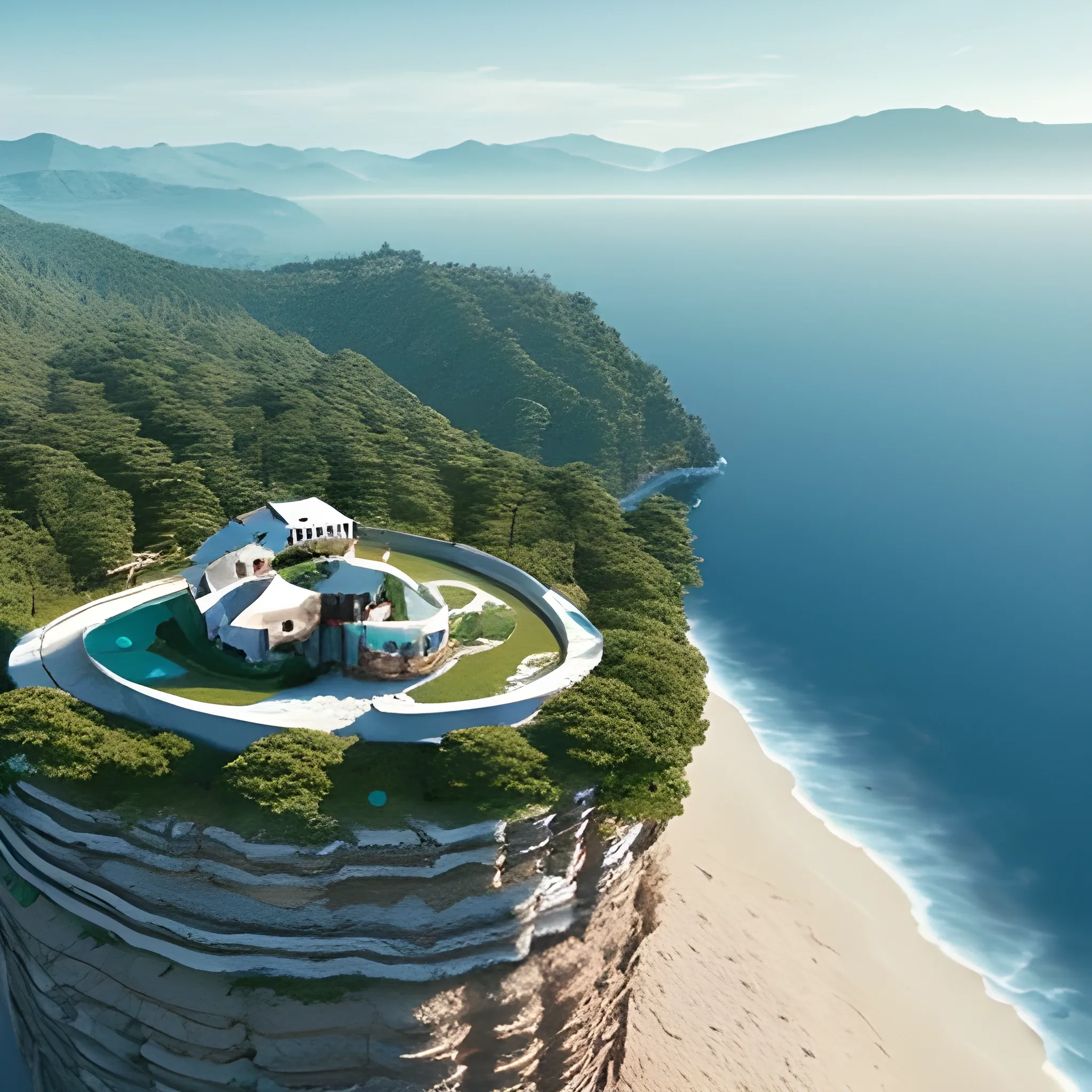 Crea un paisaje con vista al mar, con una casa en una montaña en la altura, la imagen créala de modo que el paisaje fue tomado por un dron 