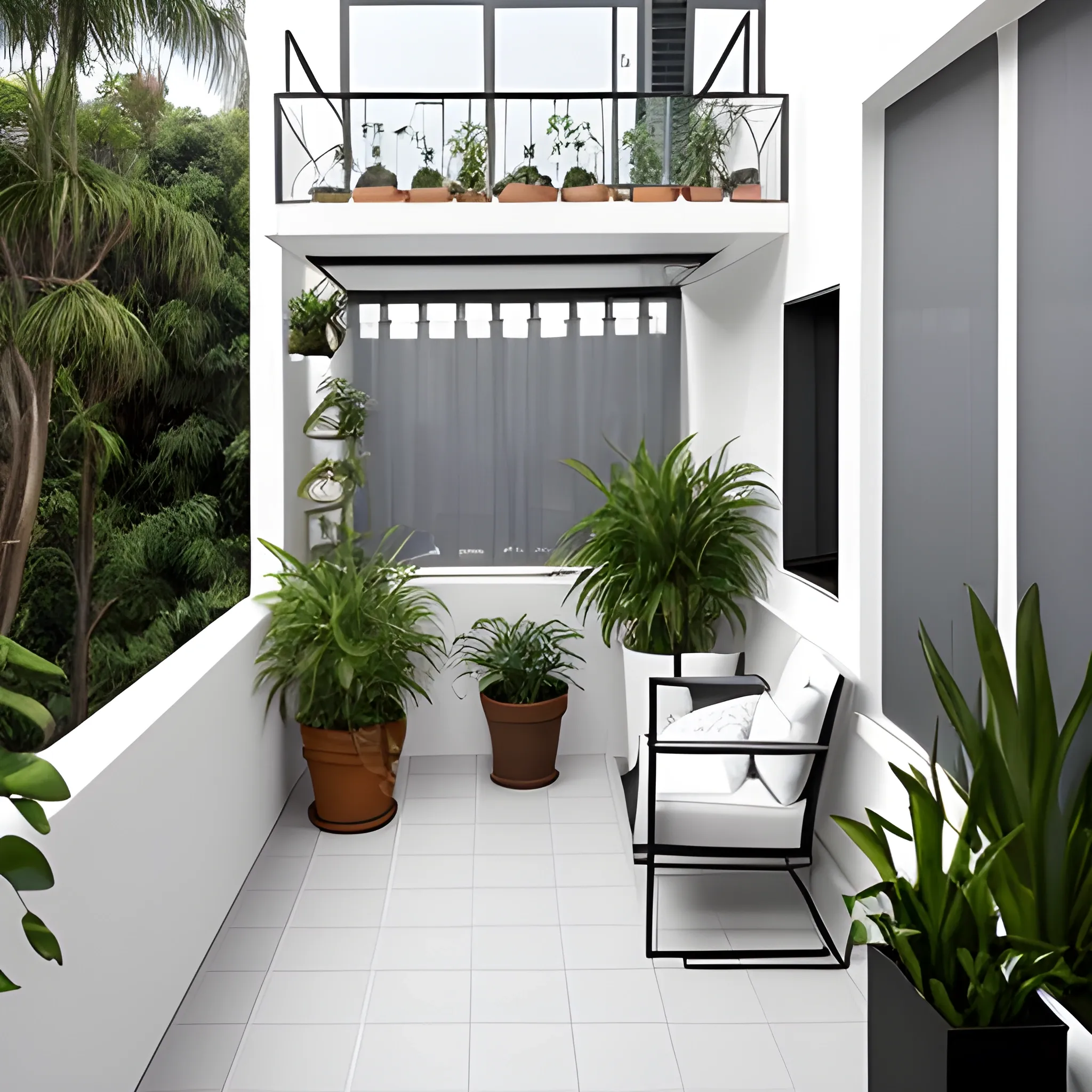 diseño terraza de suelo gris en unn pareado de dos plantas ,con barandilla de cristal en el balcon ventanas de pvc en blanco con puerta de entrada de casa y garage en gris
