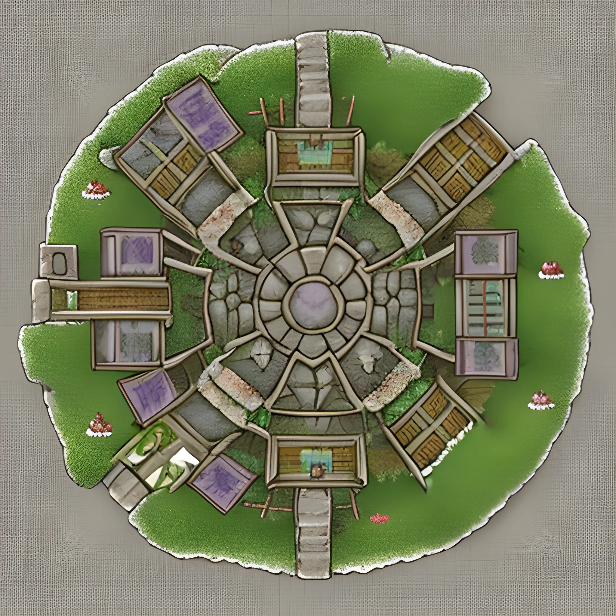 RPG Top Down Battlemap Style: A snowy dwarf fantasy town with stony houses among grassy hills with a segment of a wall in the bottom from birds eye view