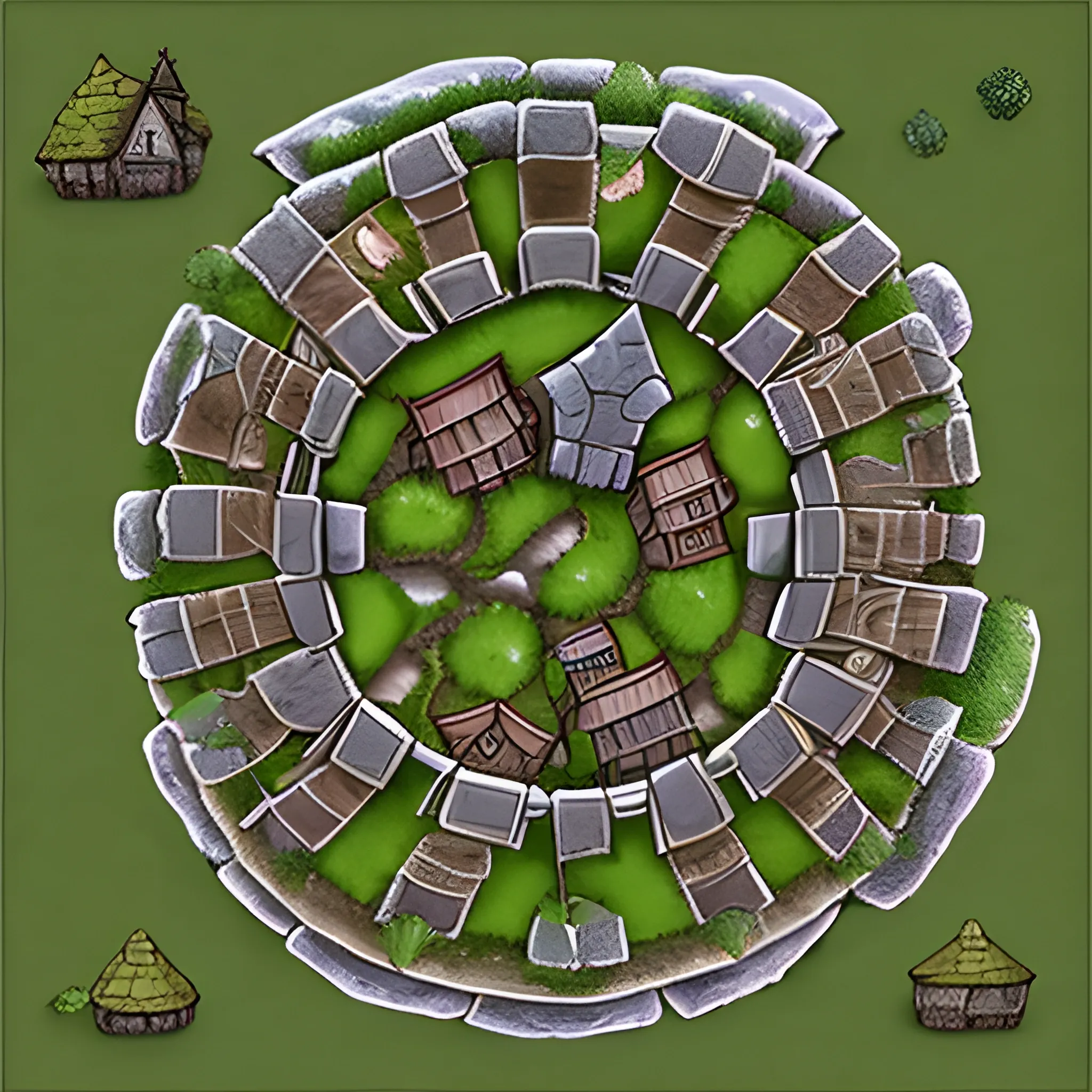 RPG Top Down Battlemap Style: A snowy dwarf fantasy town with stony houses among grassy hills with a segment of a wall in the bottom