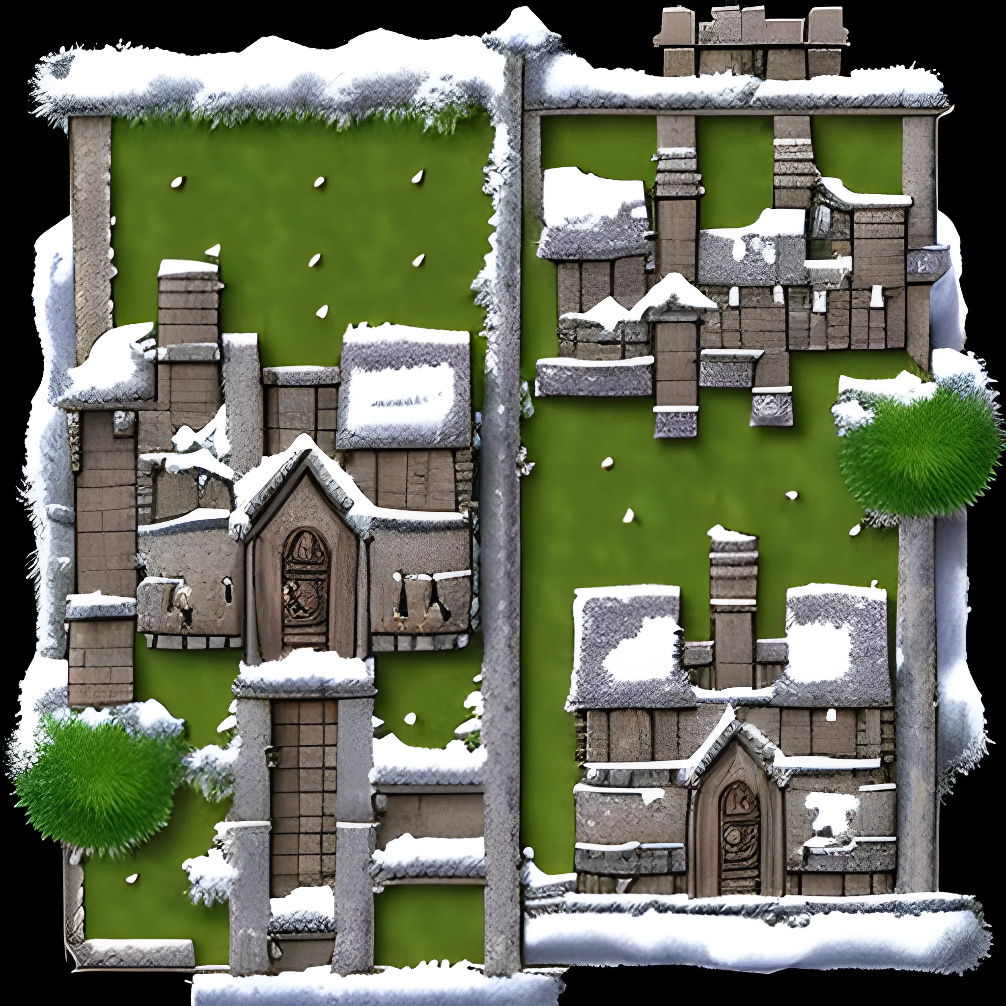 RPG Top Down Battlemap Style: A snowy dwarf fantasy town with stony houses among grassy hills with a segment of a wall to the left