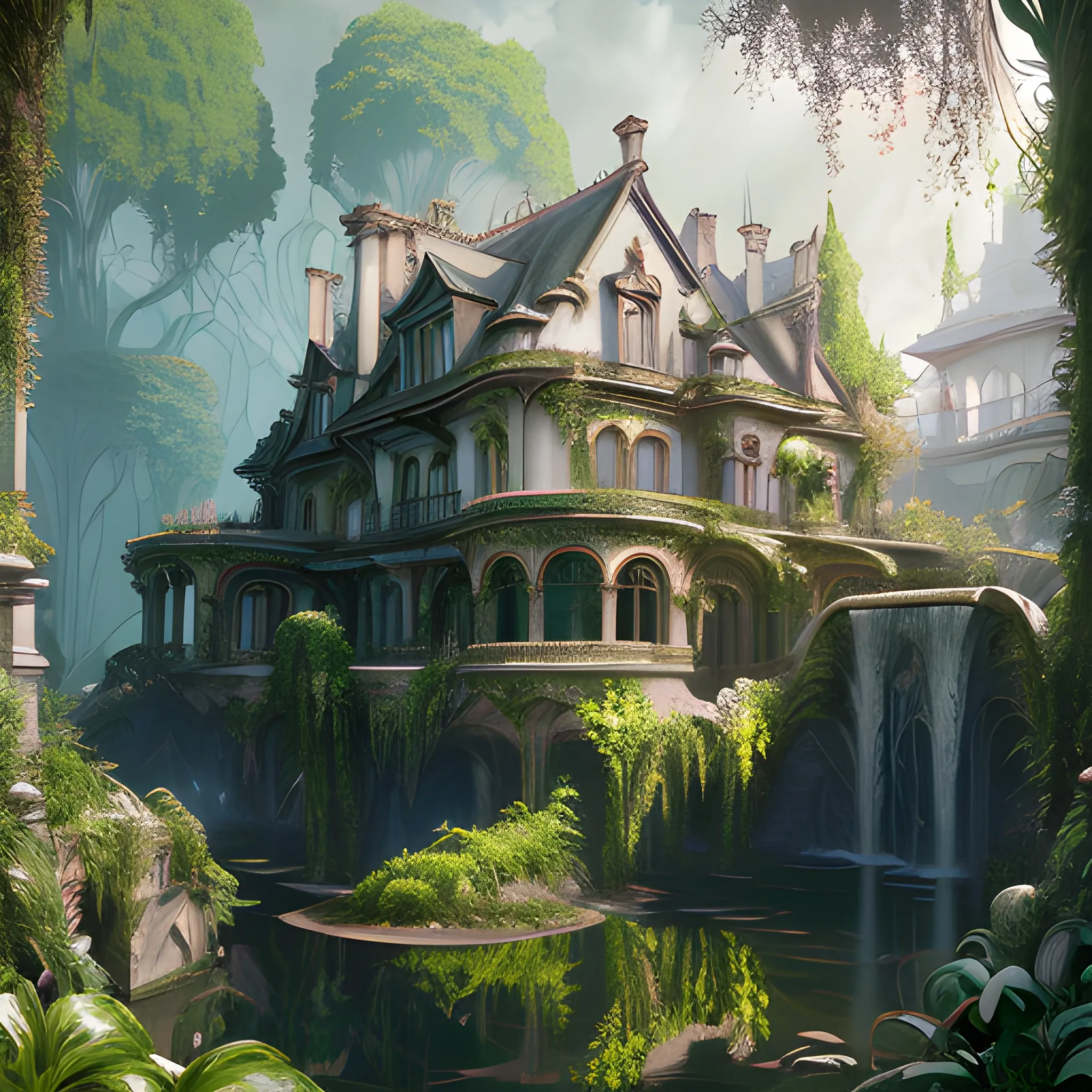 house, masterpiece, perspective, art nouveau, animation art, dark fantasy, overgrown with lush vegetation, cinematic, soft, detailed, hyperrealism, very small aperture, clear reflection, post production, post processing, 8k, retouching, HDR, super resolution, soft lighting, Ray Tracing global illumination, Lumen reflections, pastel color palette, art deco, Bloodborne feel, waterfalls, house