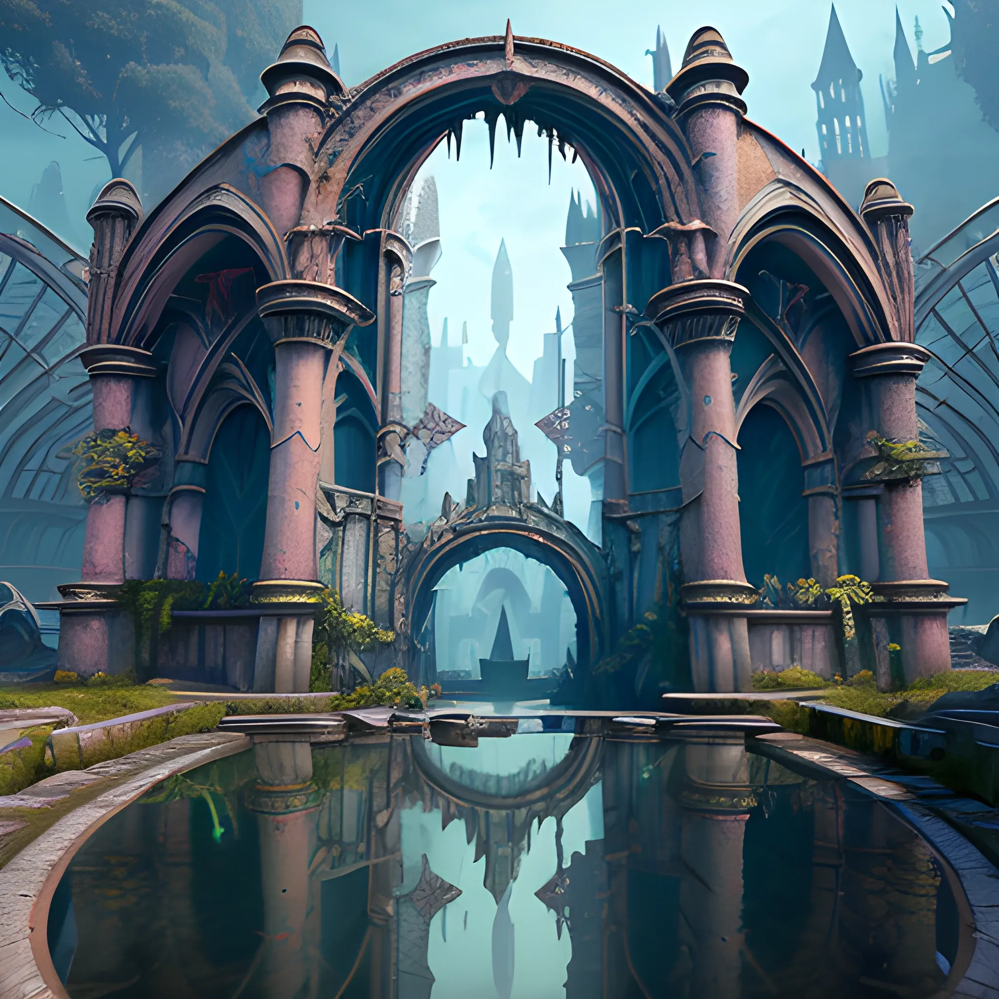 ruined portal, ruined structures, masterpiece, perspective, curious secret city, waterfall, art nouveau, animation art, dark fantasy, lush vegetation cover, cinematic, soft, detailed, hyperrealism, very small aperture, clear reflection, post production, post processing, 8k, retouching, HDR, super resolution, soft lighting, global illumination Ray Tracing, Lumen reflections, pastel color palette, art deco, Bloodborne feel, small hous
