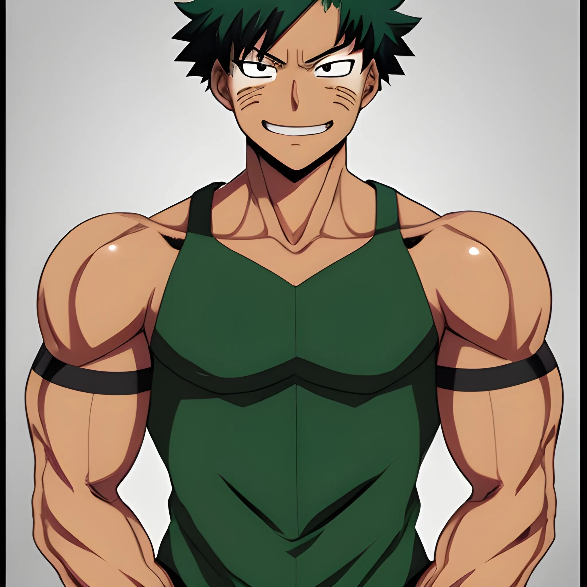 my hero academia male oc with black hair and brown eyes with brown skin tone and he's smirking and his arms are crossed and you can see his whole body