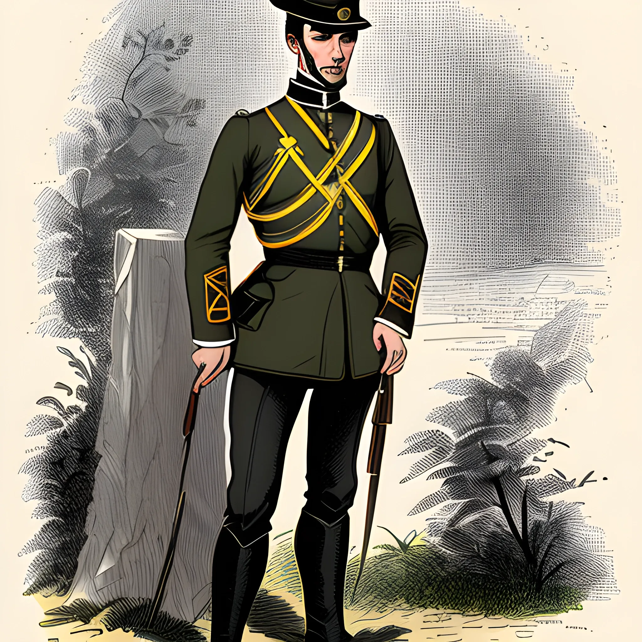 Handsome man, 1860s French Foreign Legion soldier's uniform, dark brown hair, graphic novel style.