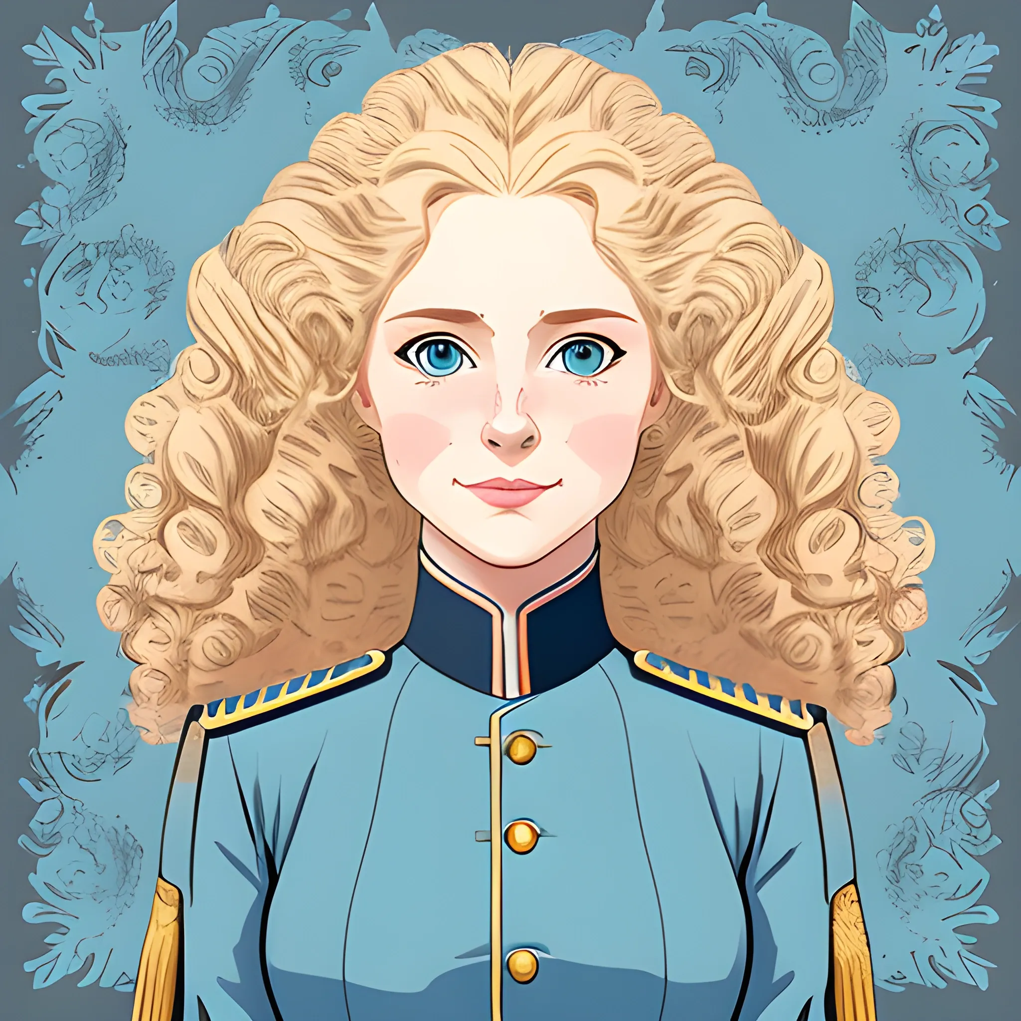 Graphic novel style portrait of an adorable woman, shy, beautiful, slight smile, blonde curly hair, light blue napoleonic uniform, blue eyes, no hat, fantasy background.