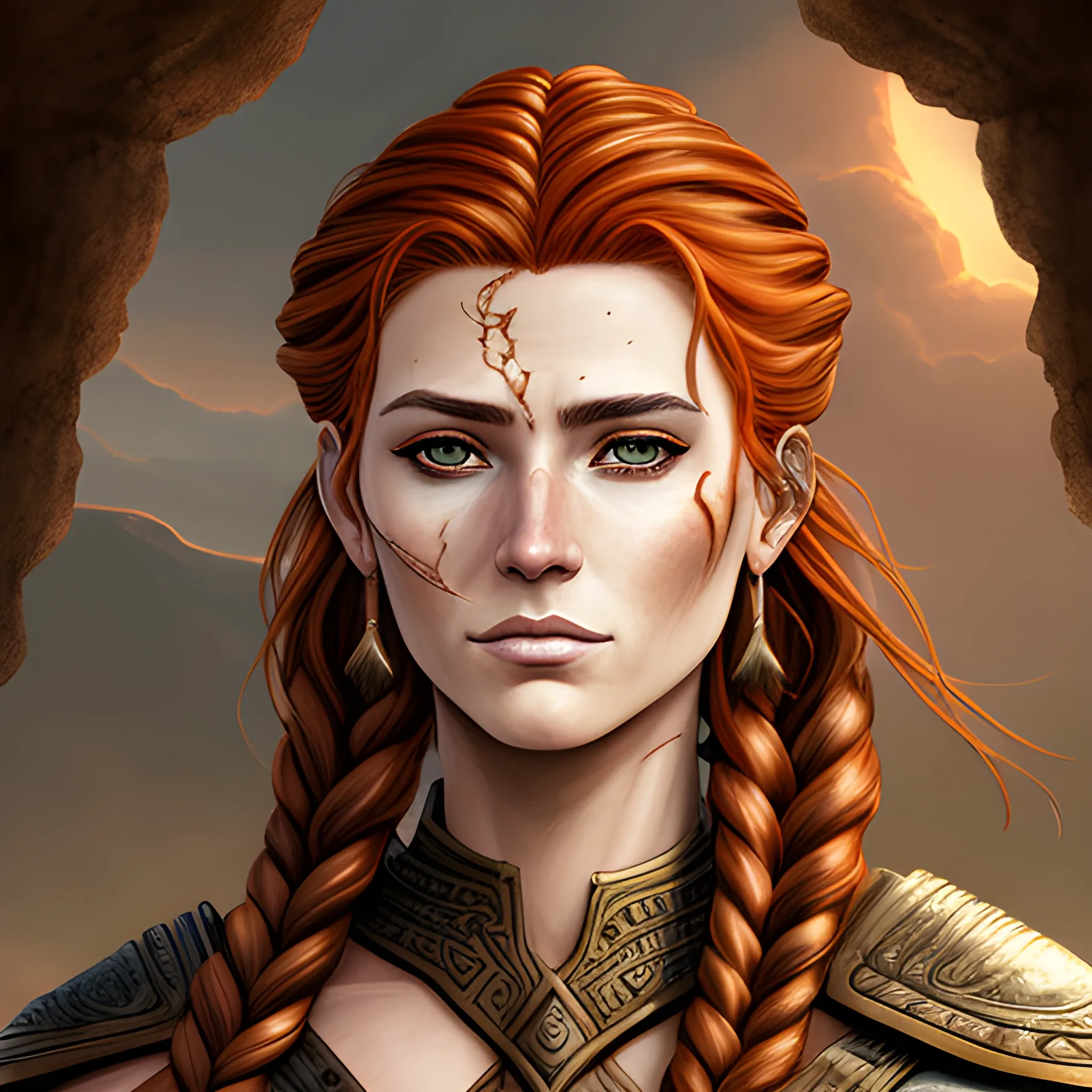 Graphic novel style portrait of a beautiful warrior woman, voluminous braided hair, auburn hair, scar, based on Jarael, fantasy background. 