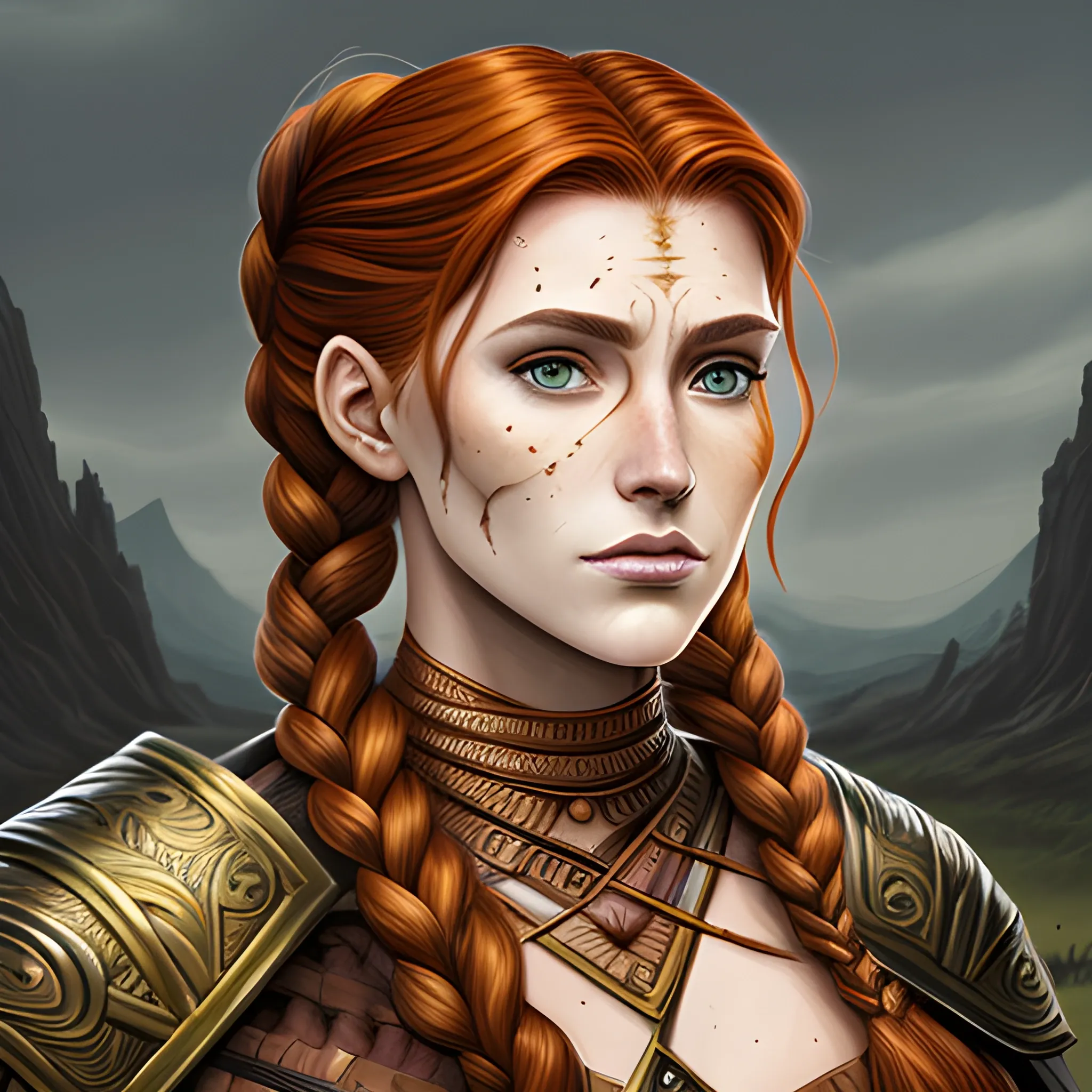 Graphic novel style portrait of a beautiful warrior woman, voluminous braided hair, auburn hair, scar, based on Jarael, fantasy background. 