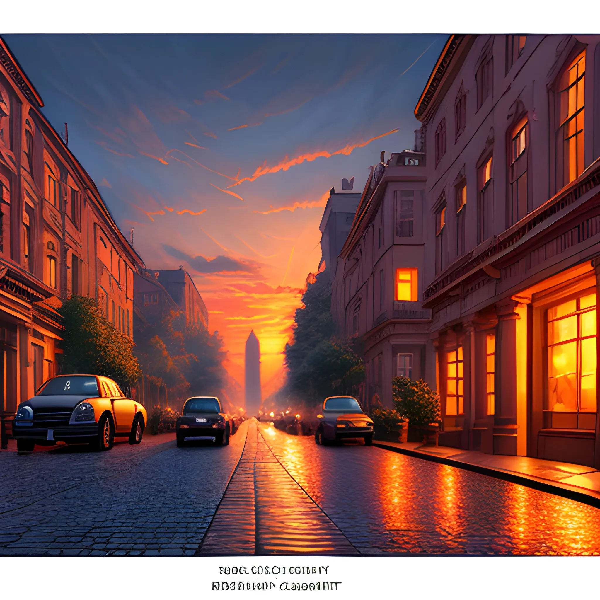 scene from neo-classical streets, at twilight light, realistic, hyper-detailed, sunset,orange light, 