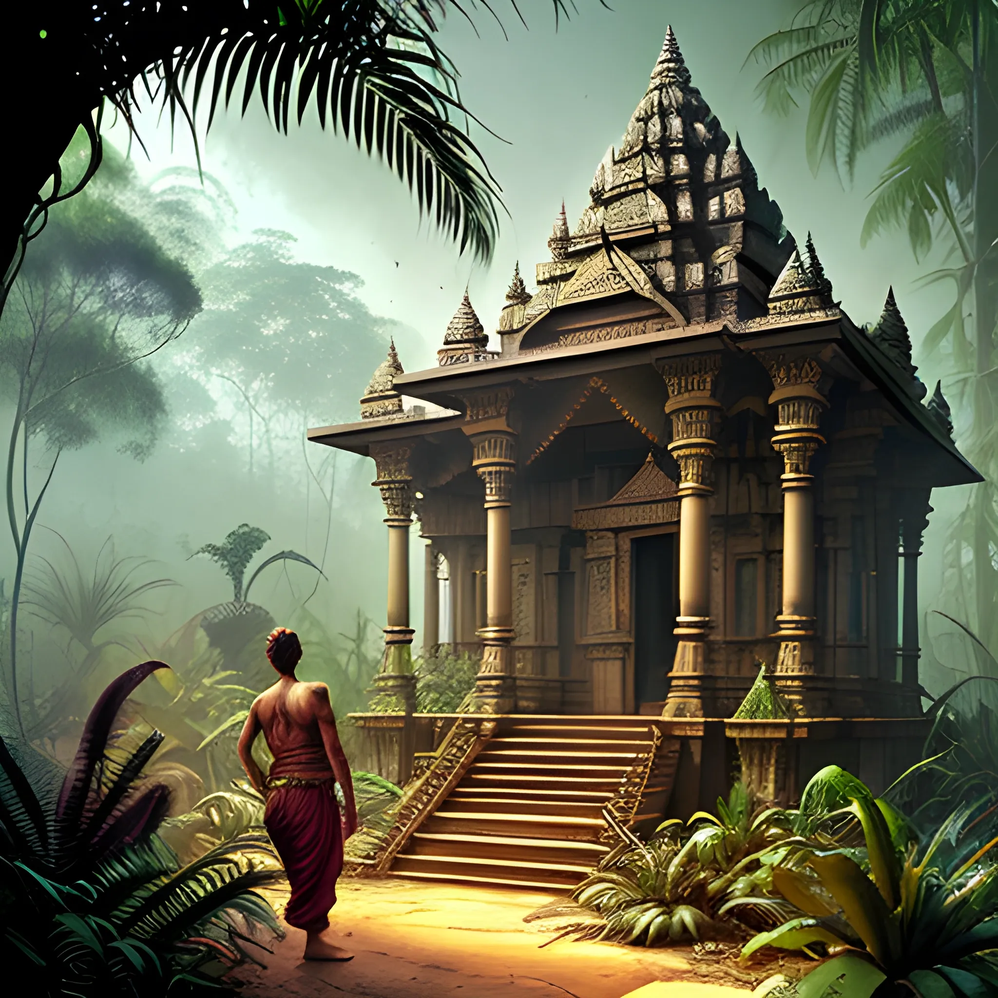 8 k concept art from a hindu temple lost in the jungle by david mattingly and samuel araya and michael whelan and dave mckean and richard corben. realistic matte painting with photorealistic hdr volumetric lighting. composition and layout inspired by gregory crewdson. 