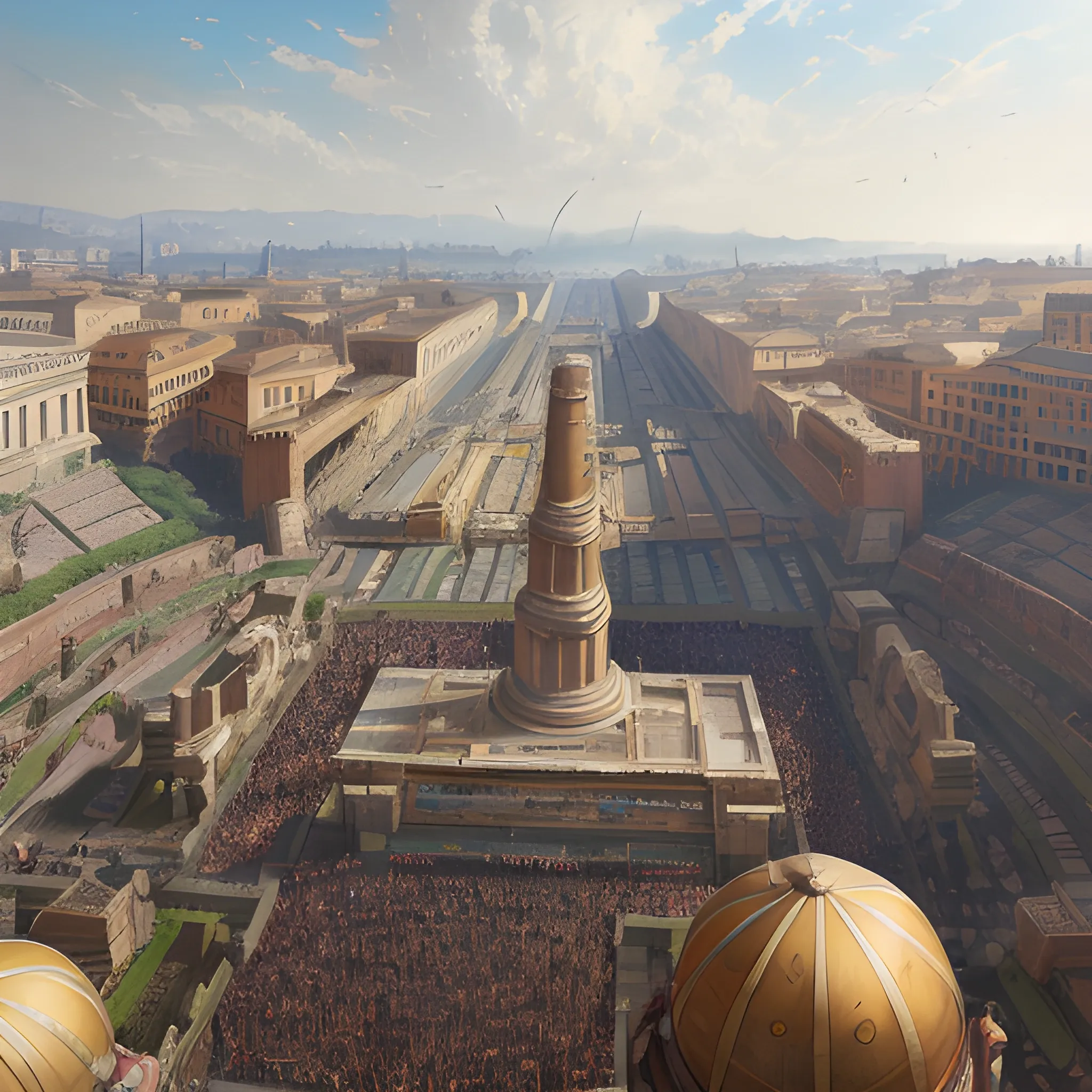 ancient rome, festival, sunlit, colorful, bird's eye view, realistic skin, realistic hair, realistic fabric, leather fabric, canvas fabric, wide shot, zoom out, underground broadcast, ruan jia art, art by jc leyendecker, fantasy art, realistic proportions, highly detailed, 4k, 8k, digital painting, artstation, concept art, smooth and sharp focus, photography, wide angle lens