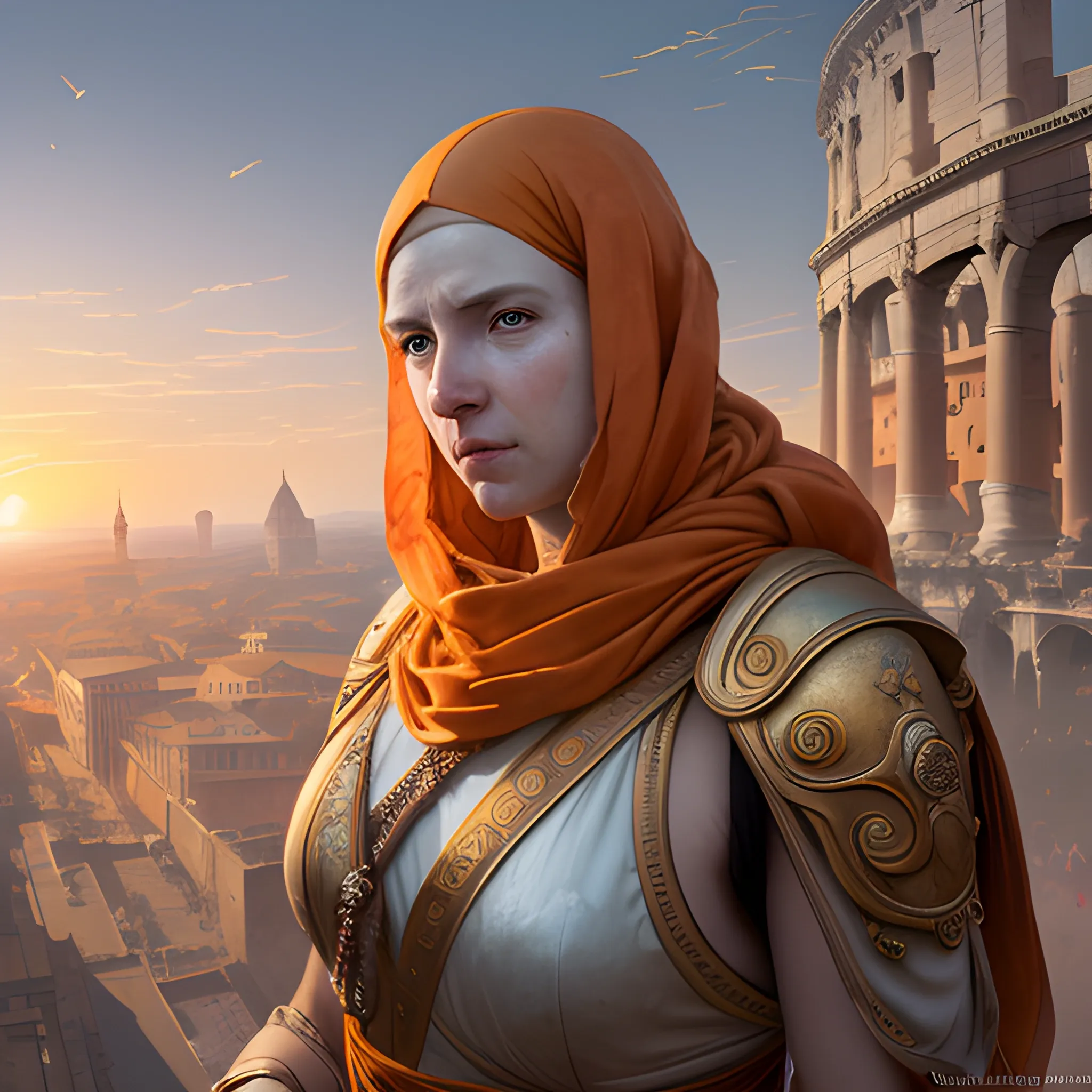 ancient rome, festival, sunlit, orange sunset, colorful, bird's eye view, realistic skin, realistic hair, realistic fabric, leather fabric, canvas fabric, wide shot, zoom out, underground broadcast, ruan jia art, art by jc leyendecker, fantasy art, realistic proportions, highly detailed, 4k, 8k, digital painting, artstation, concept art, smooth and sharp focus, photography, wide angle lens