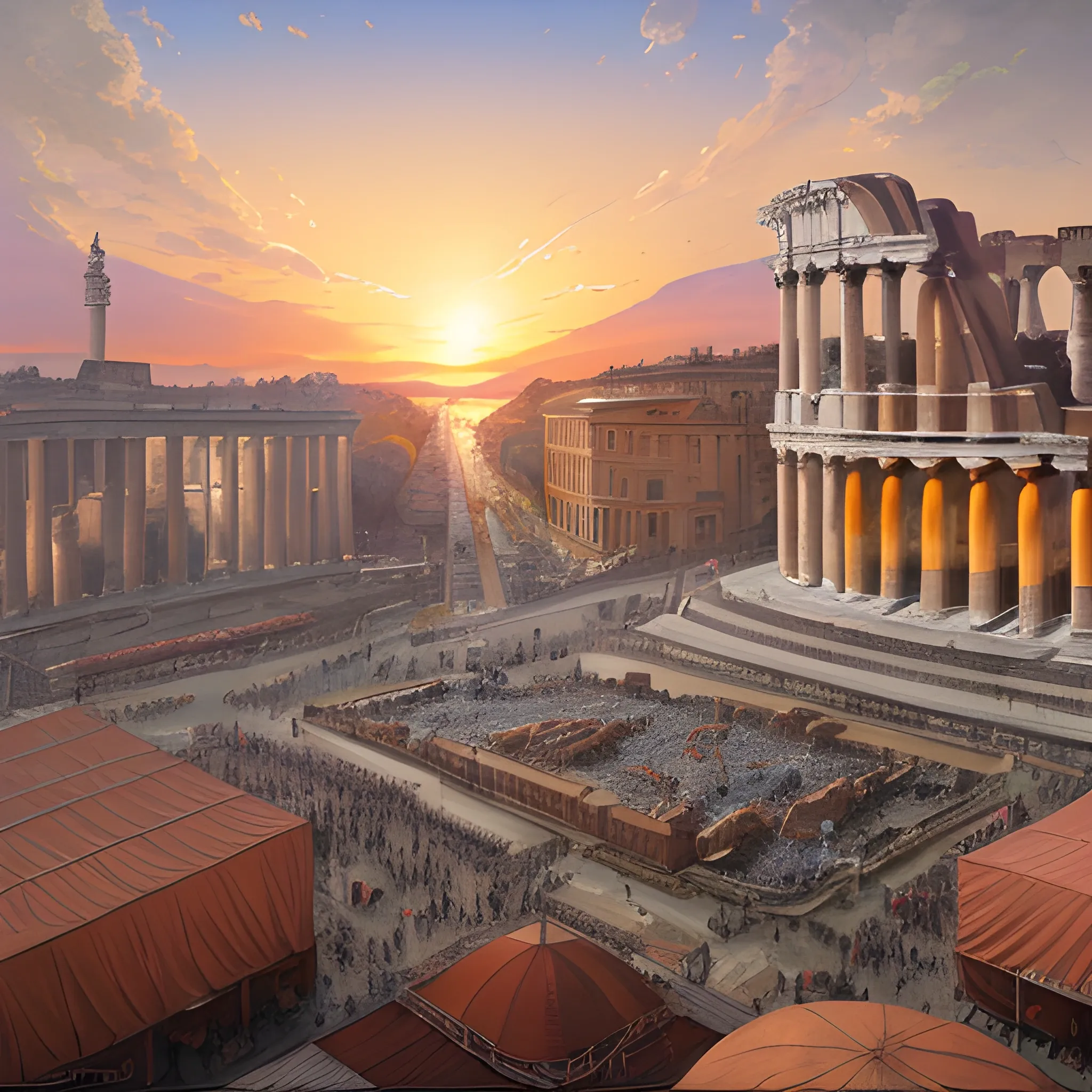 ancient rome, festival, sunlit, orange sunset, colorful, bird's eye view, realistic fabric, leather fabric, canvas fabric, wide shot, zoom out, underground broadcast, ruan jia art, art by jc leyendecker, fantasy art, realistic proportions, highly detailed, 4k, 8k, digital painting, artstation, concept art, smooth and sharp focus, photography, wide angle lens