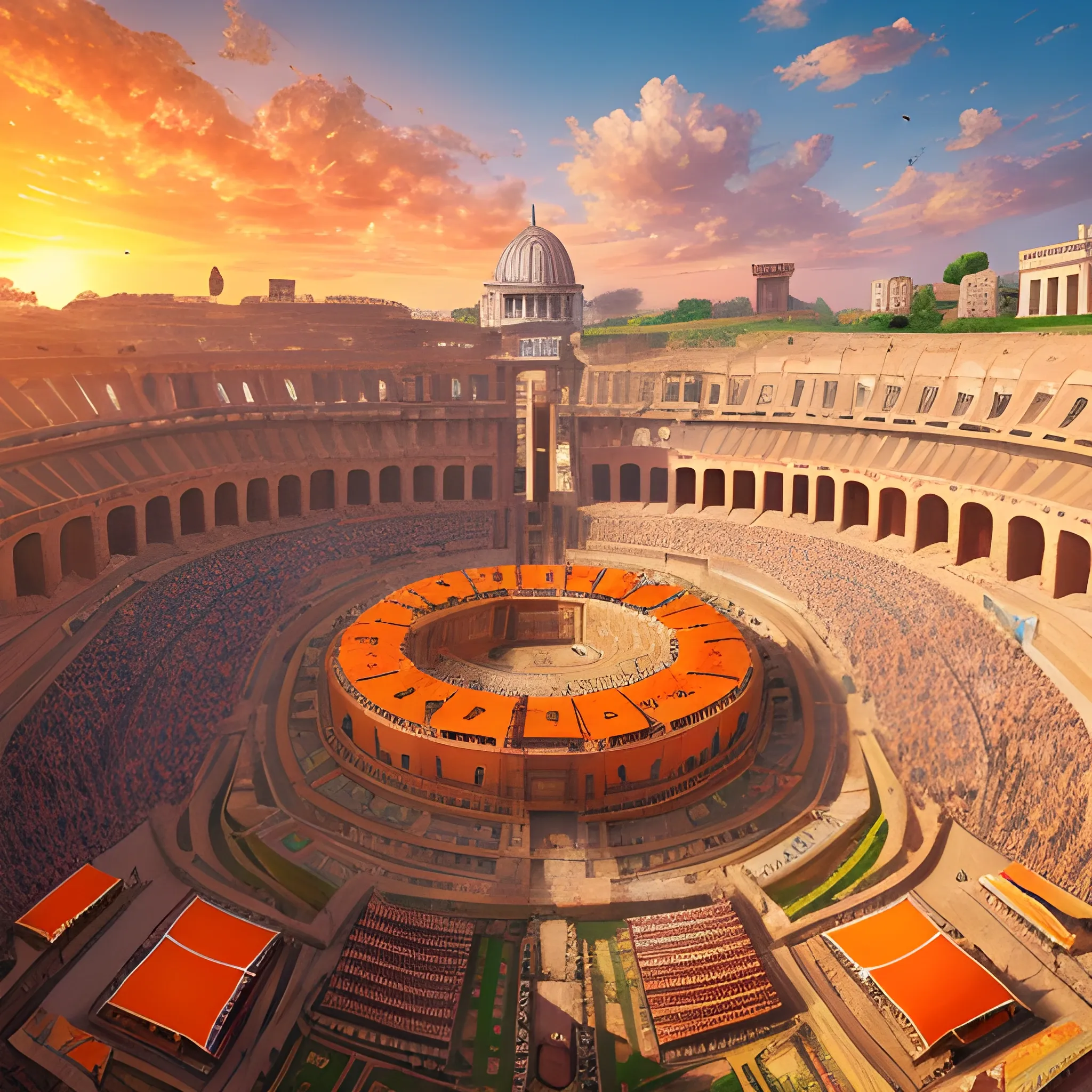 photo of real ancient rome, festival, sunlit, orange sunset, colorful, bird's eye view, realistic fabric, leather fabric, canvas fabric, wide shot, zoom out, underground broadcast, fantasy art, realistic proportions, highly detailed, 4k, 8k, photography, smooth and sharp focus, photography, wide angle lens