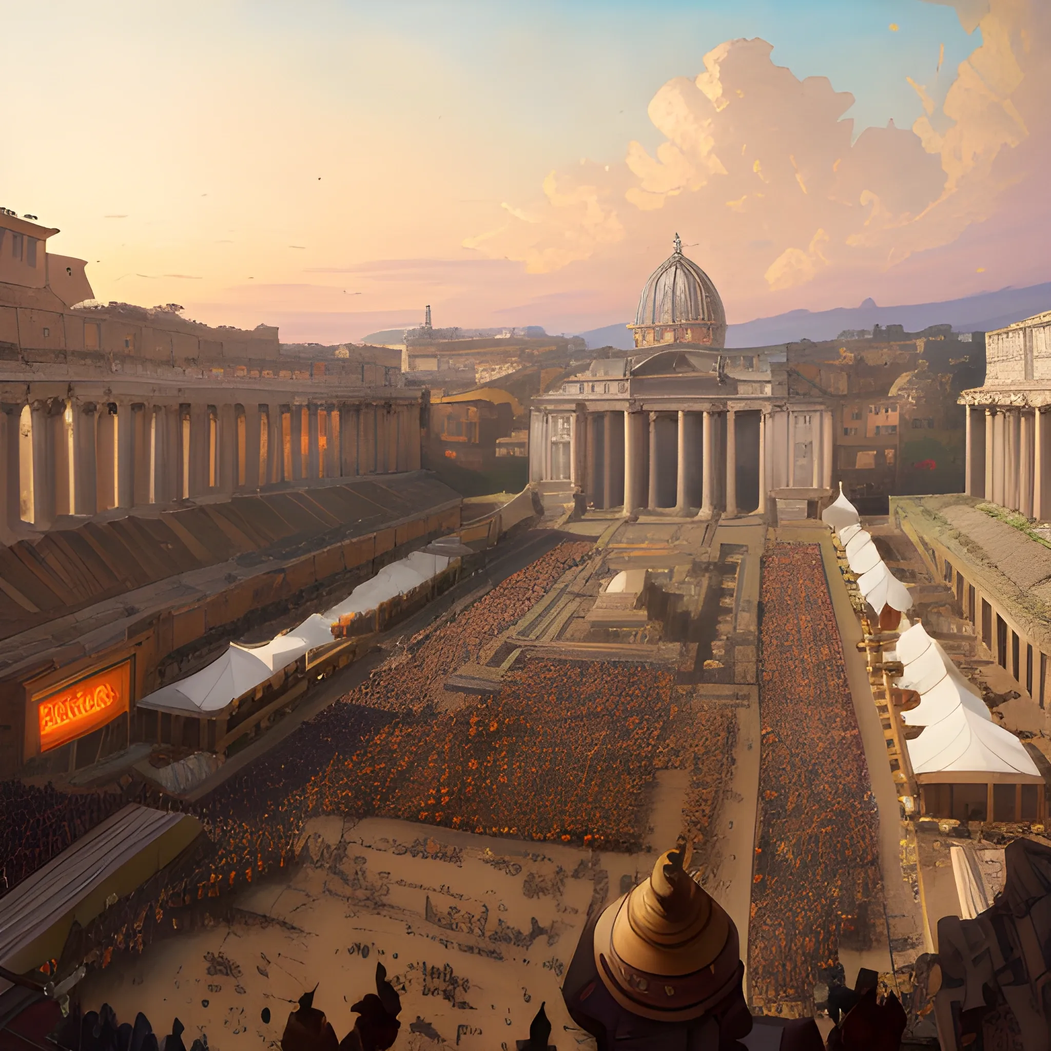 ancient rome, festival, sunlit, orange sunset, colorful, bird's eye view, realistic fabric, leather fabric, canvas fabric, wide shot, zoom out, underground broadcast, ruan jia art, art by jc leyendecker, fantasy art, realistic proportions, highly detailed, 4k, 8k, digital painting, artstation, concept art, smooth and sharp focus, photography, wide angle lens