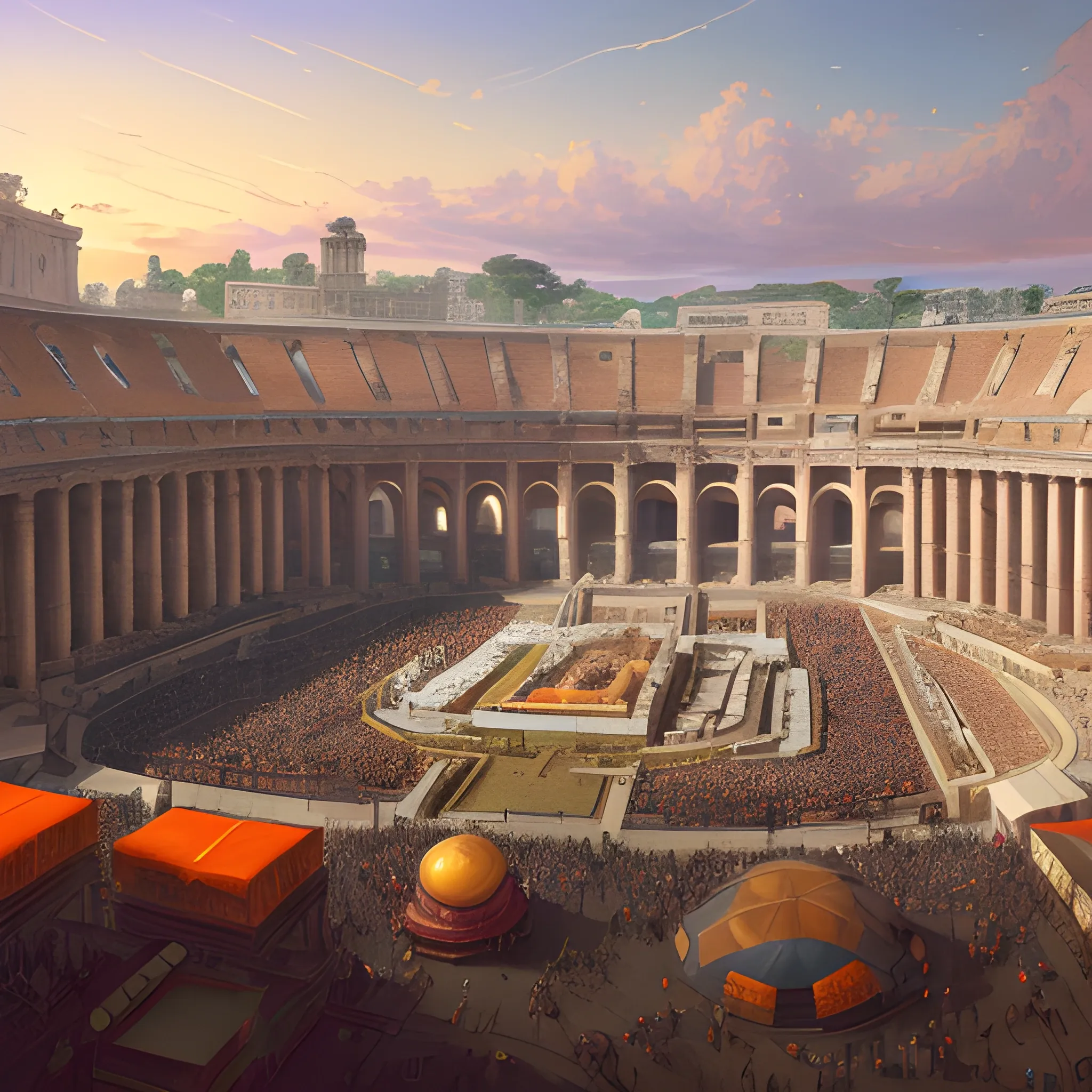 ancient rome, festival, sunlit, orange sunset, colorful, bird's eye view, realistic fabric, leather fabric, canvas fabric, wide shot, zoom out, underground broadcast, ruan jia art, art by jc leyendecker, fantasy art, realistic proportions, highly detailed, 4k, 8k, digital painting, artstation, concept art, smooth and sharp focus, photography, wide angle lens