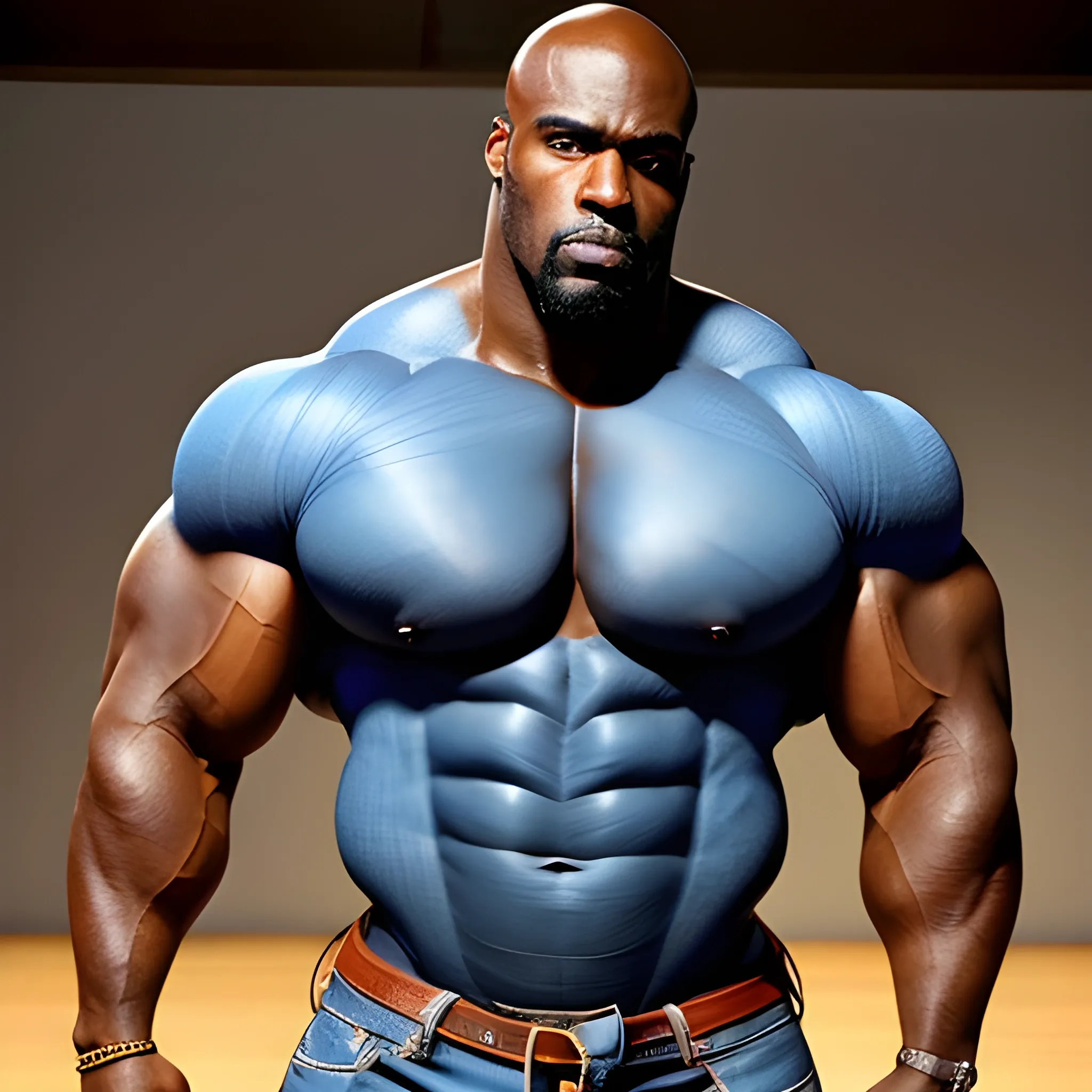 35yo, enormous, tall, dark skin African muscle,  300 lbs of muscles, bald bodybuilder wrestler, big round oily pecs, broad chest, small waist, large swollen nipples, large belly button, bulge in tight denim jeans, look like Mike Colter, big lips, broad nose, strong jaw, cheekbones, thick eyebrows, handsome