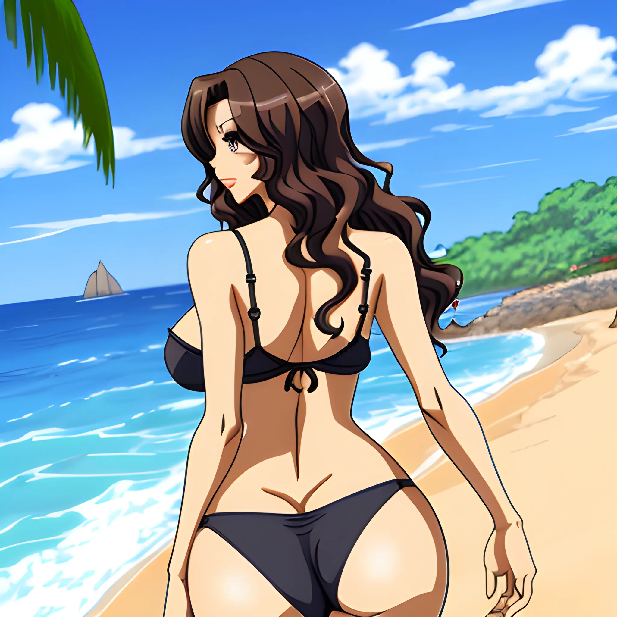 Anime,beach,rear view, blackskin,cute girl,brown wavy hair,blue bra, blue panties,cartoon,hand under big butt, , Cartoon,big breast


