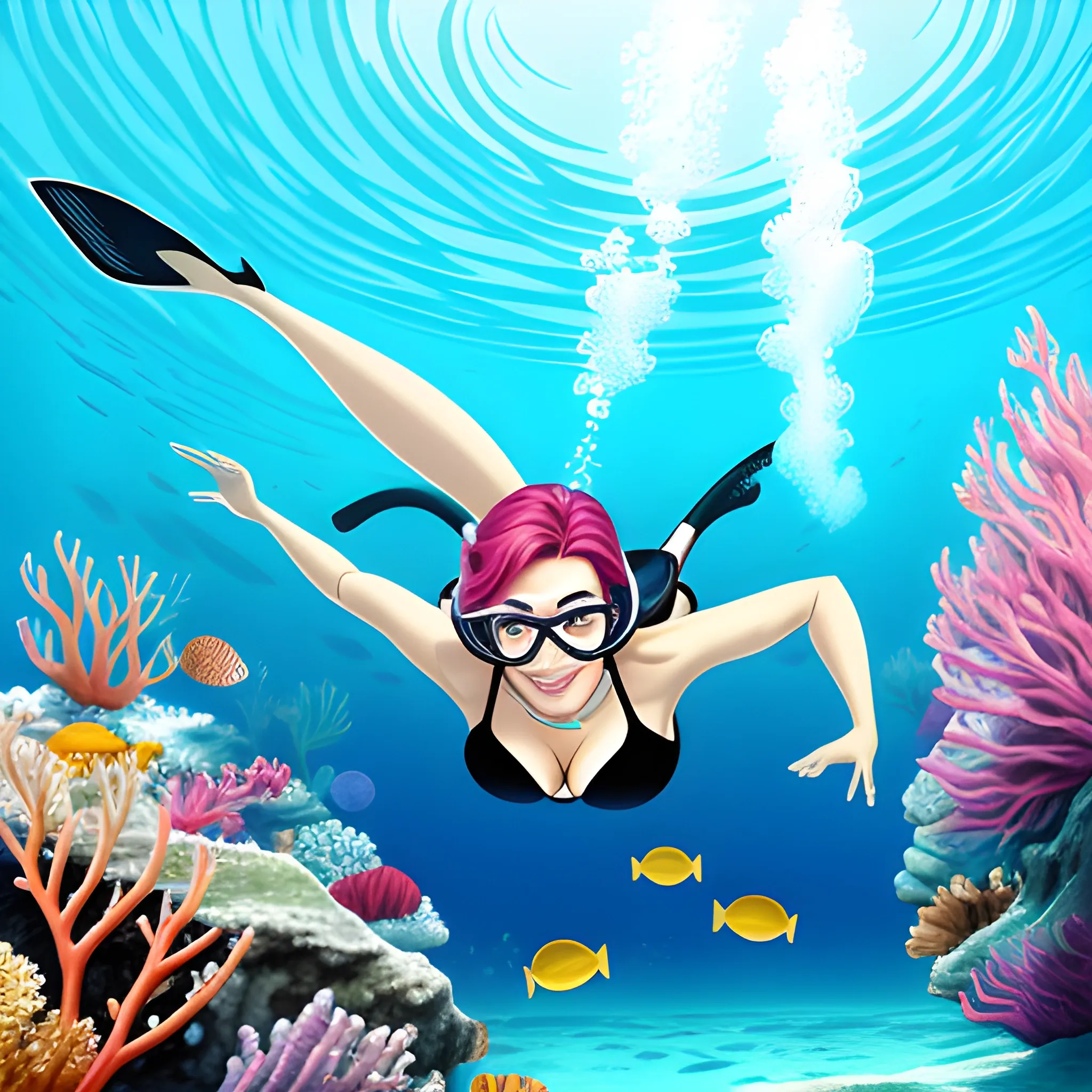 a pretty girl is diving in clear ocean, Cartoon